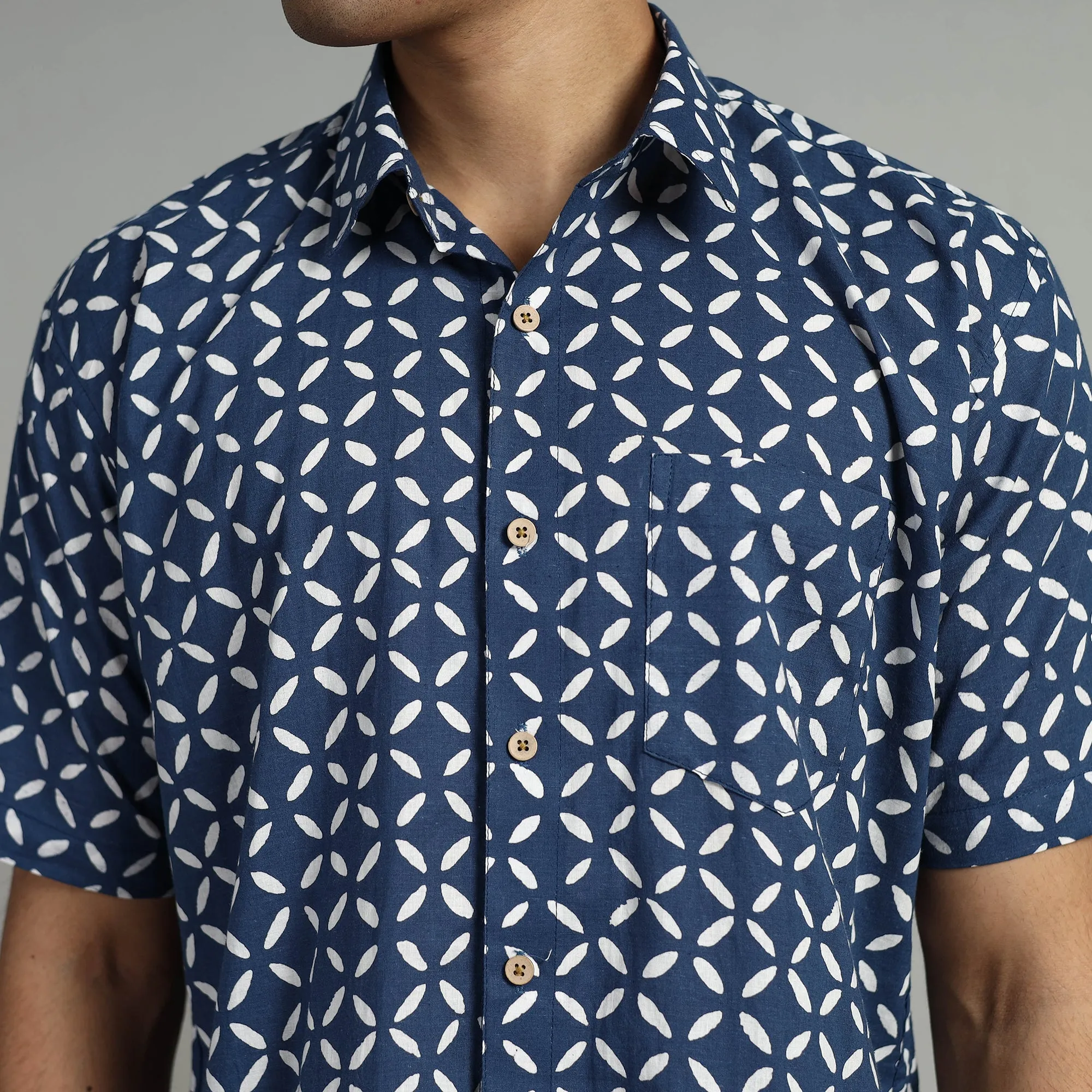 Blue - Indigo Block Printed Cotton Men Half Sleeve Shirt 05