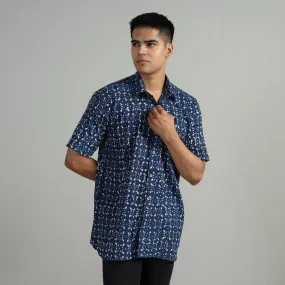 Blue - Indigo Block Printed Cotton Men Half Sleeve Shirt 06