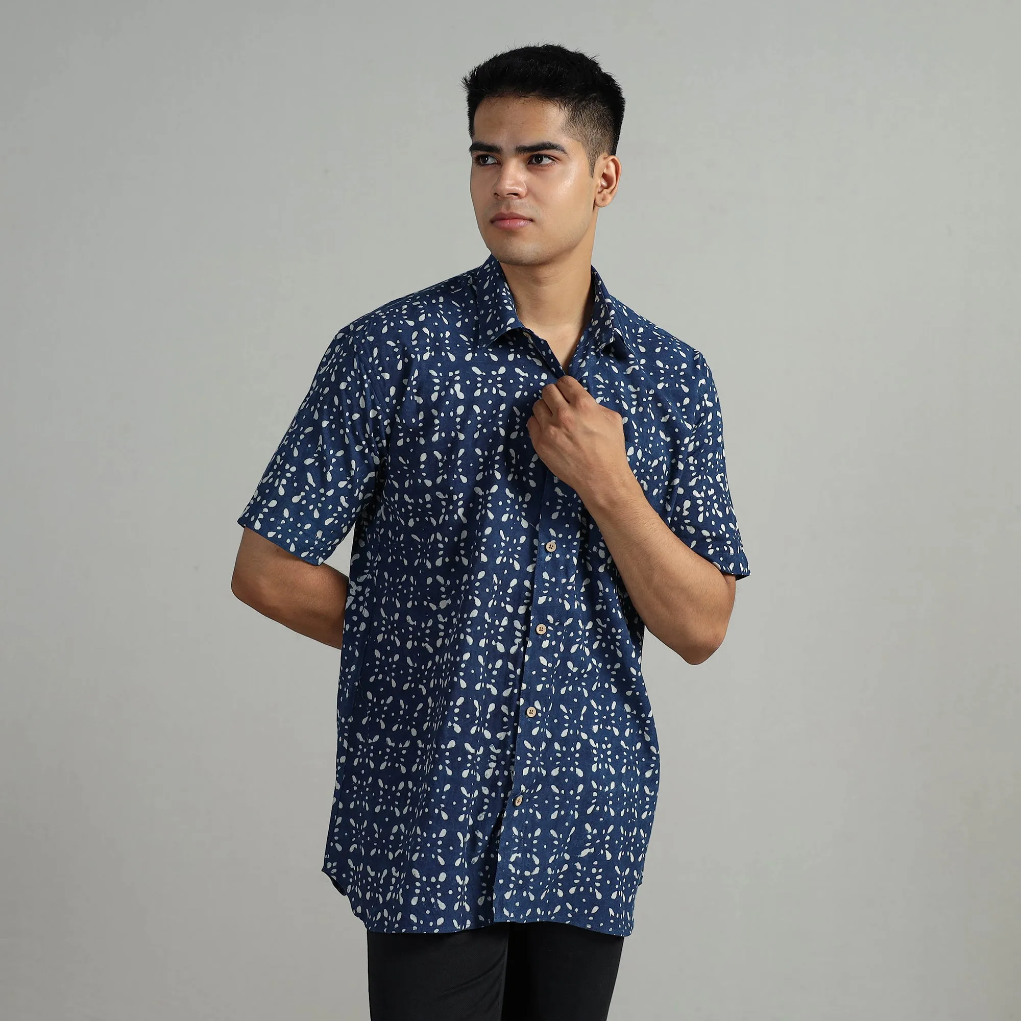 Blue - Indigo Block Printed Cotton Men Half Sleeve Shirt 06