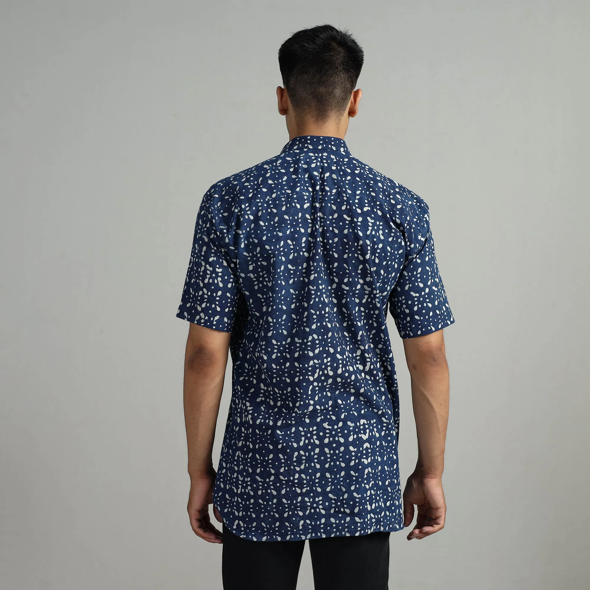 Blue - Indigo Block Printed Cotton Men Half Sleeve Shirt 06