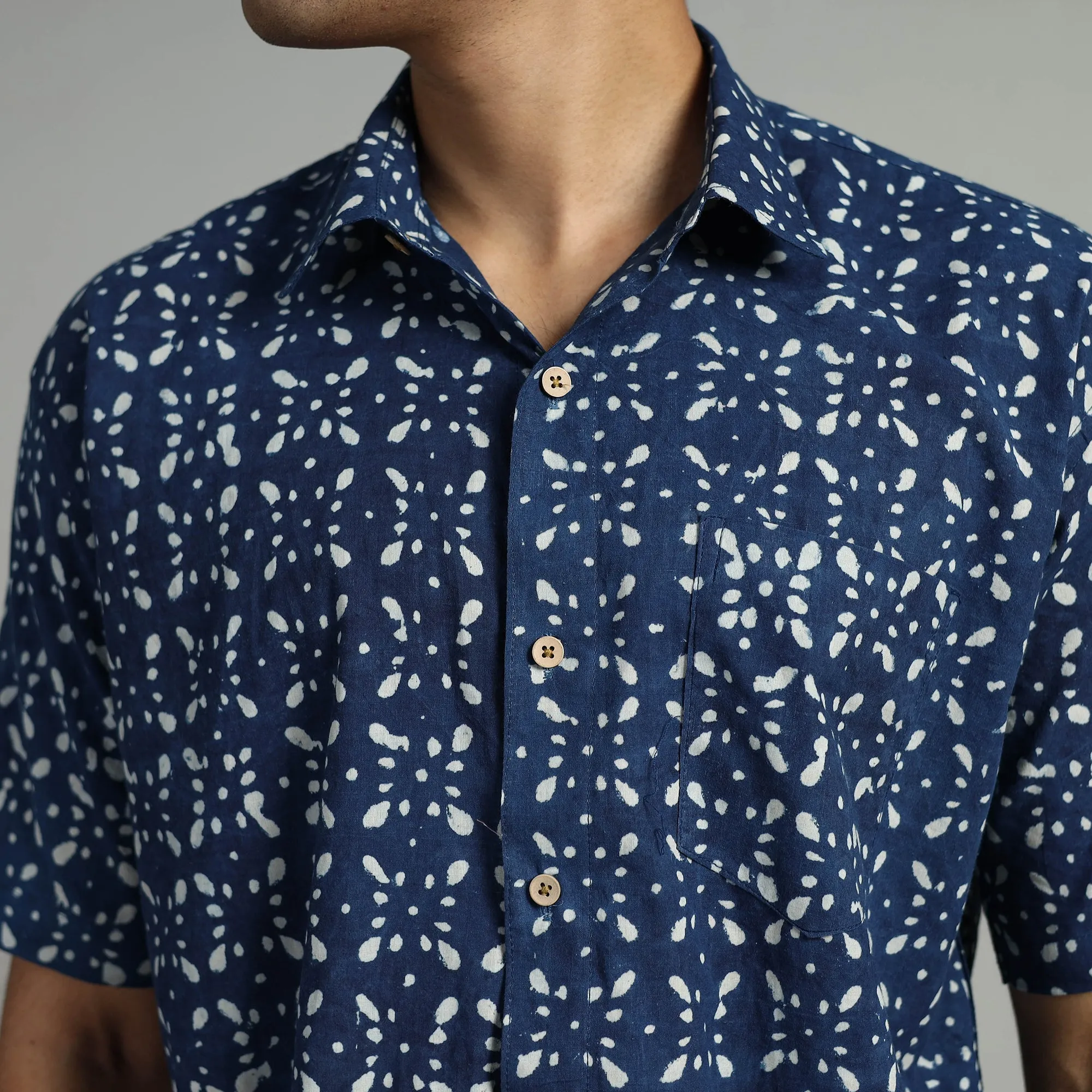 Blue - Indigo Block Printed Cotton Men Half Sleeve Shirt 06