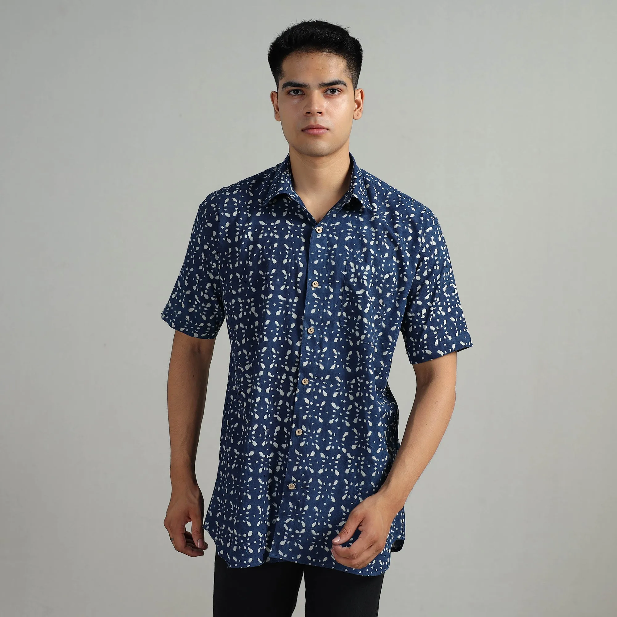 Blue - Indigo Block Printed Cotton Men Half Sleeve Shirt 06