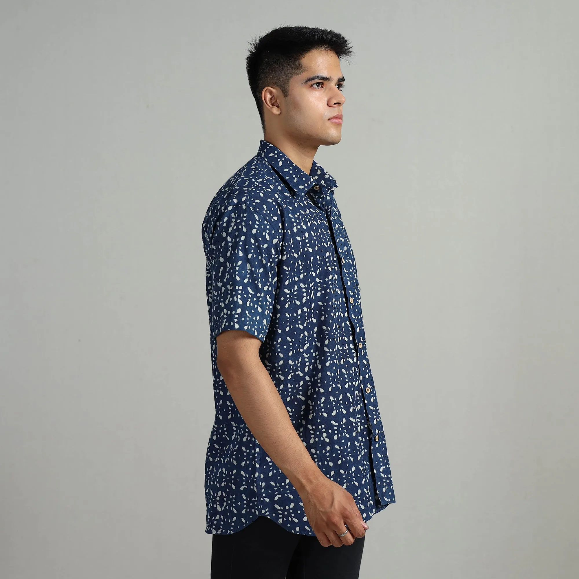 Blue - Indigo Block Printed Cotton Men Half Sleeve Shirt 06