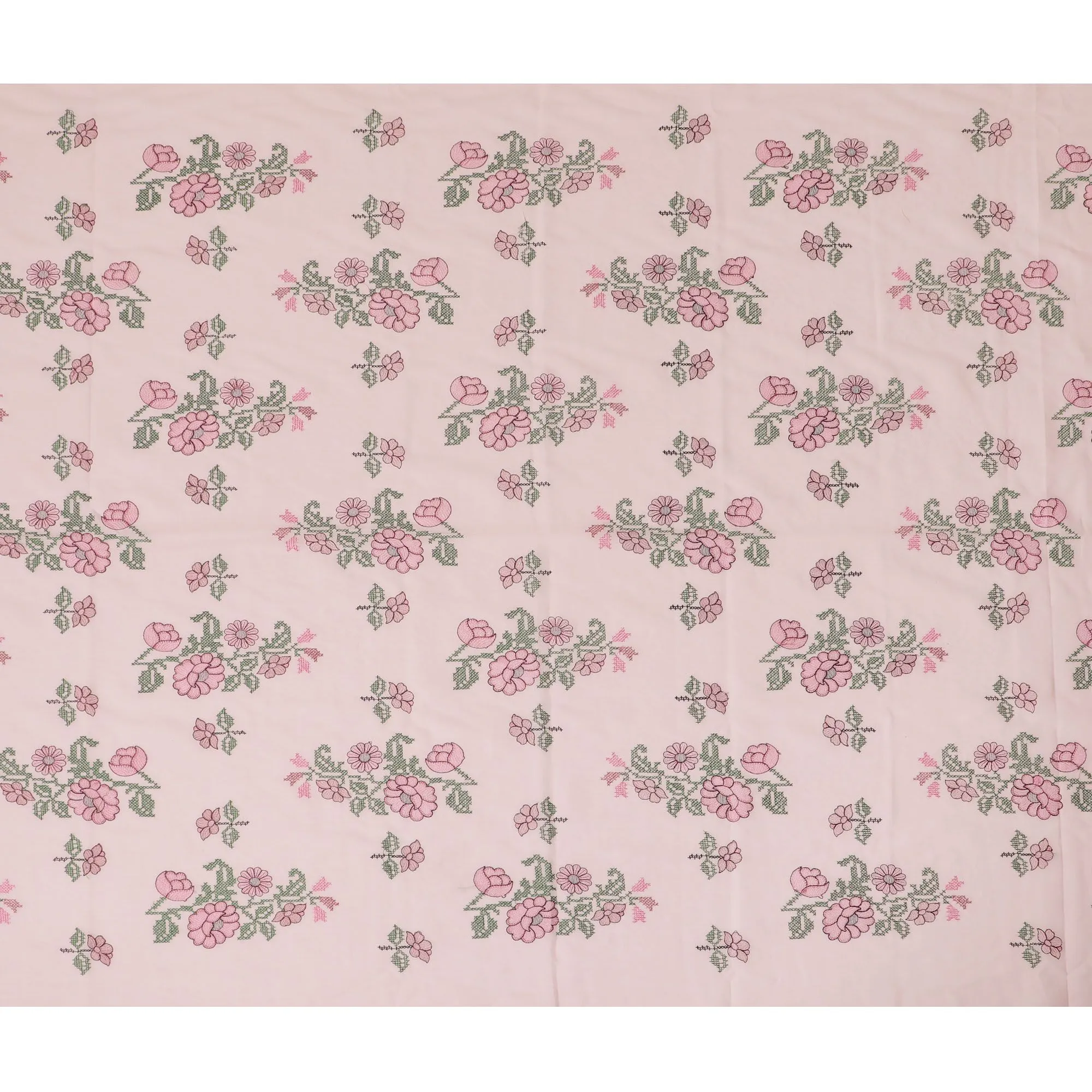 Blush Blossom Embroidered Cotton Lawn Fabric - Pastel Pink with Green Detail, 110cm Width-D18751