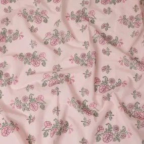 Blush Blossom Embroidered Cotton Lawn Fabric - Pastel Pink with Green Detail, 110cm Width-D18751