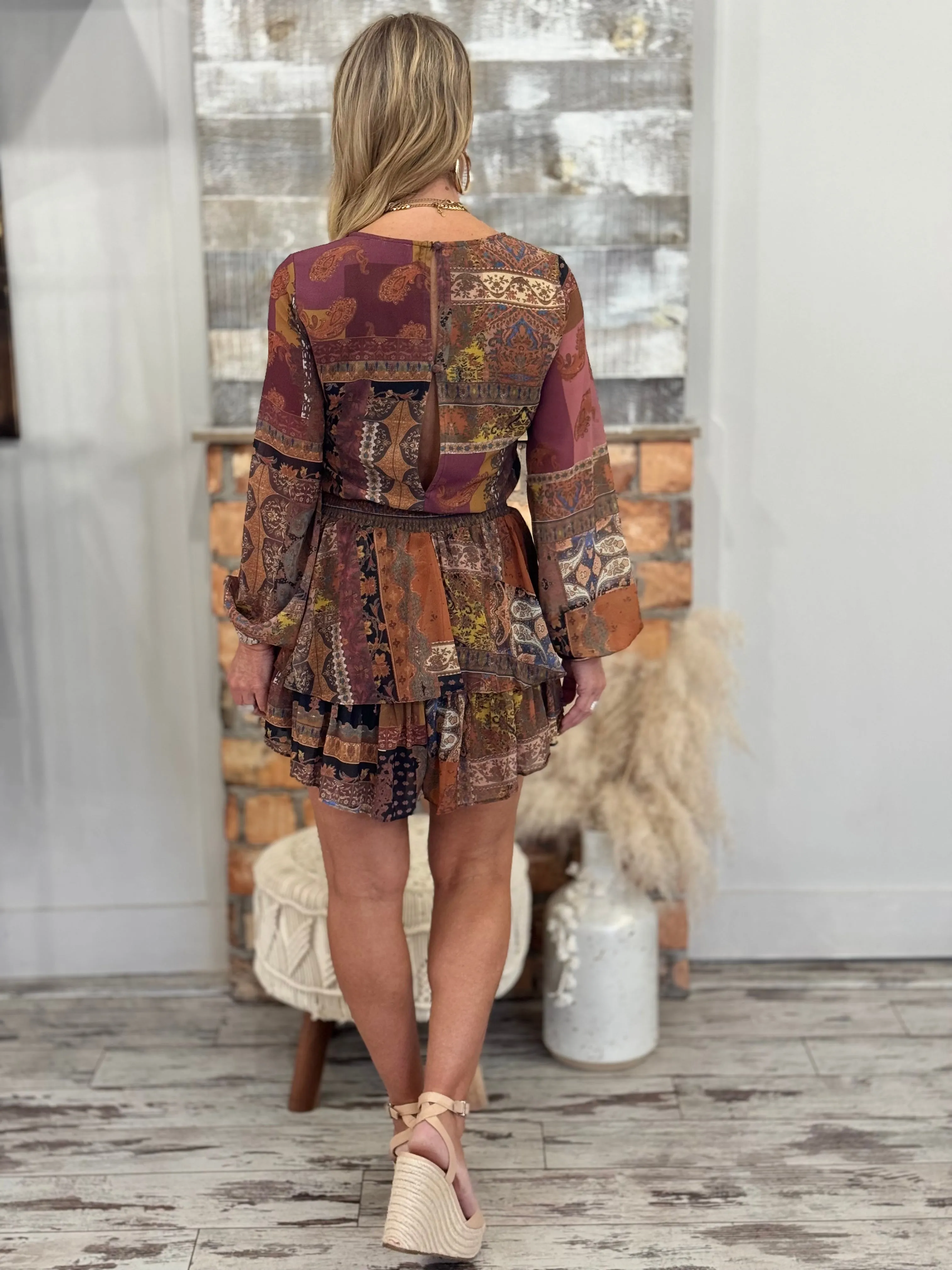 Boho Patchwork Ruffle Hem Romper