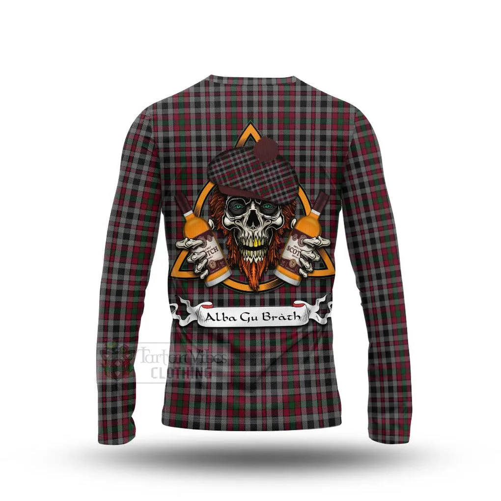 Borthwick Tartan Long Sleeve T-Shirt with Family Crest and Bearded Skull Holding Bottles of Whiskey