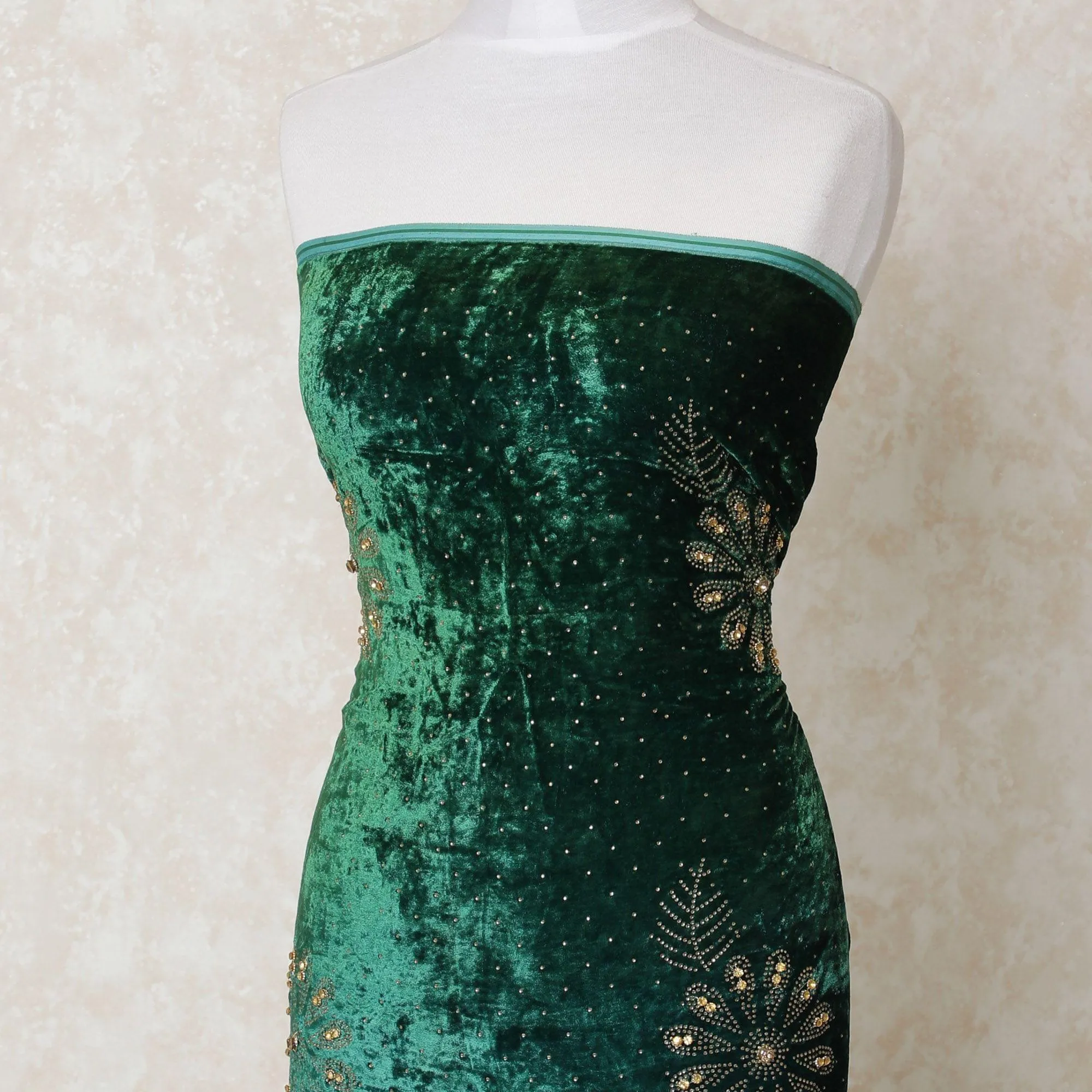 Bottle green silk blended velvet fabric with gold border guipure embrodiery and stone work in floral design-D11991