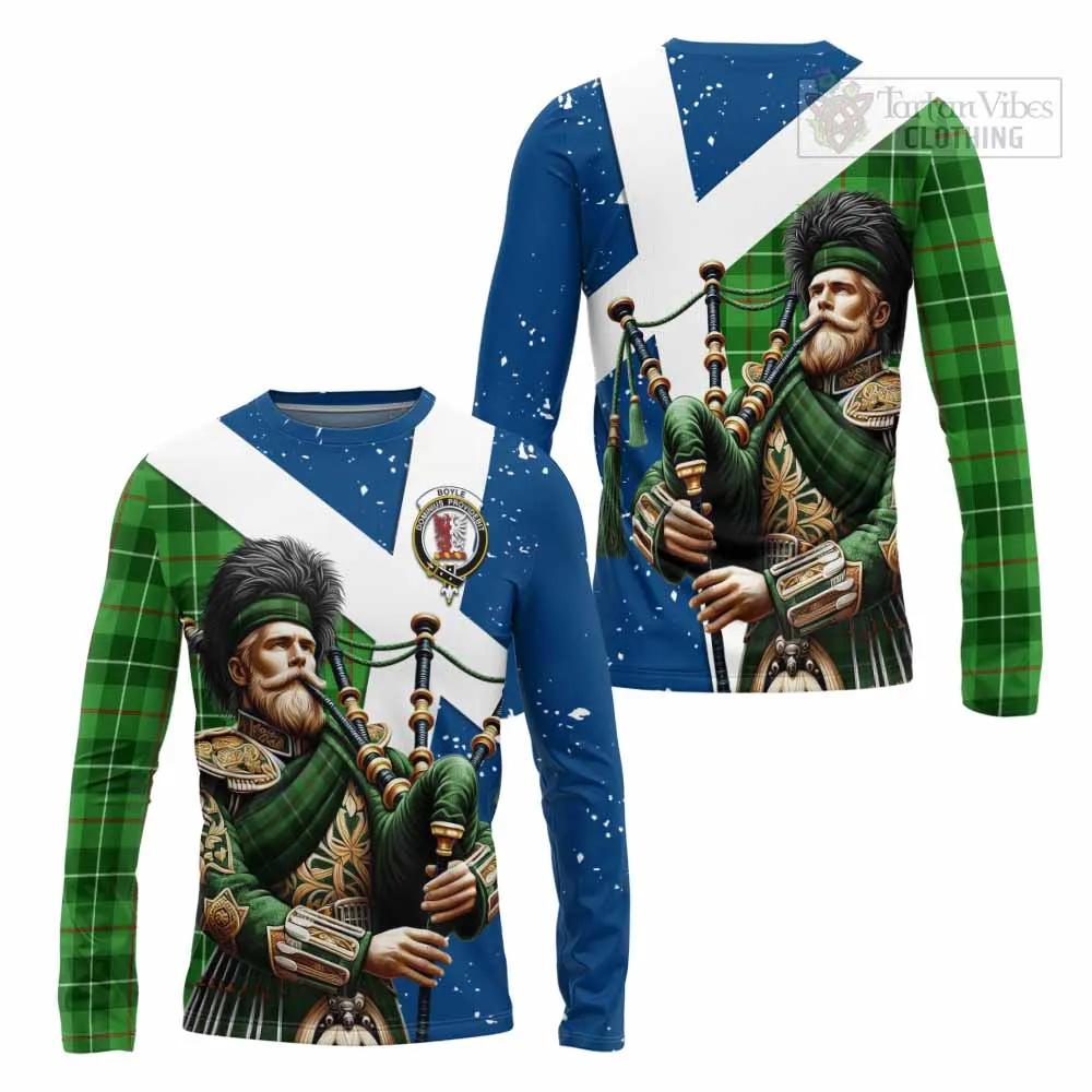 Boyle Tartan Long Sleeve T-Shirt with Family Crest Scottish Bagpiper Vibes