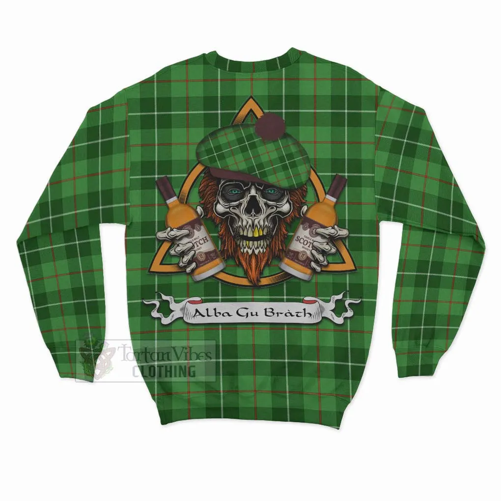 Boyle Tartan Sweatshirt with Family Crest and Bearded Skull Holding Bottles of Whiskey