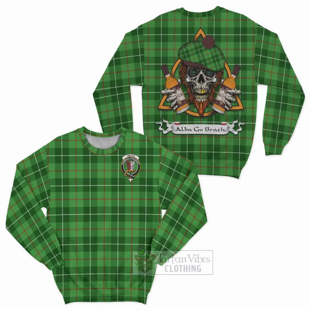 Boyle Tartan Sweatshirt with Family Crest and Bearded Skull Holding Bottles of Whiskey