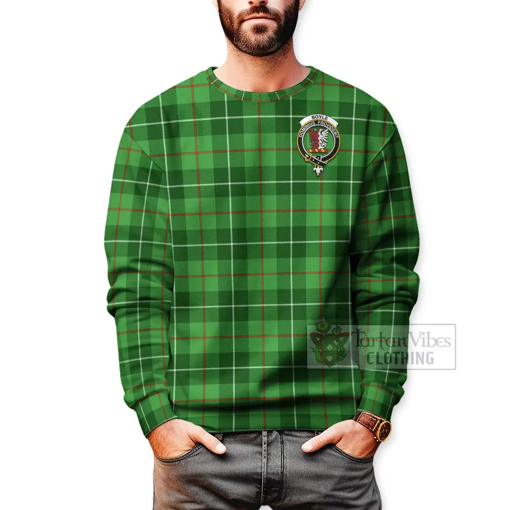 Boyle Tartan Sweatshirt with Family Crest and Bearded Skull Holding Bottles of Whiskey