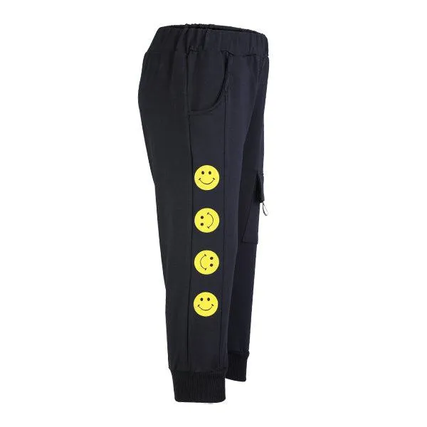 BOYS JOGGERS WITH SMILE EMOJI PRINTS - NAVY BLUE