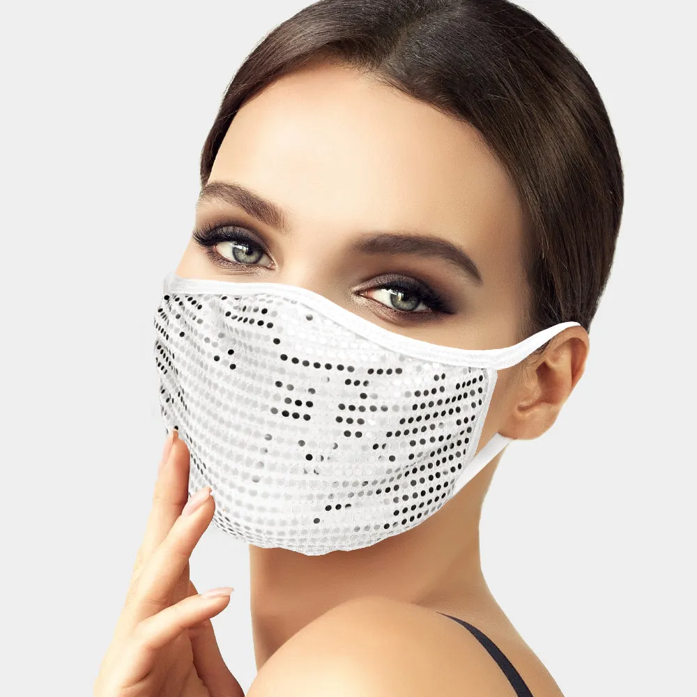 Brina Silver Sequin White Face Mask