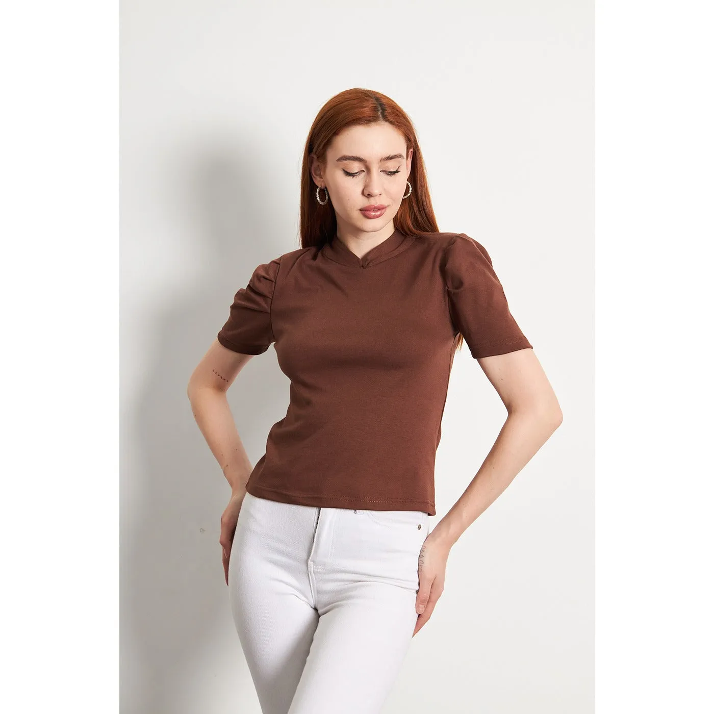 Brown Puff Sleeves Knit Top