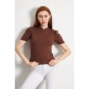 Brown Puff Sleeves Knit Top