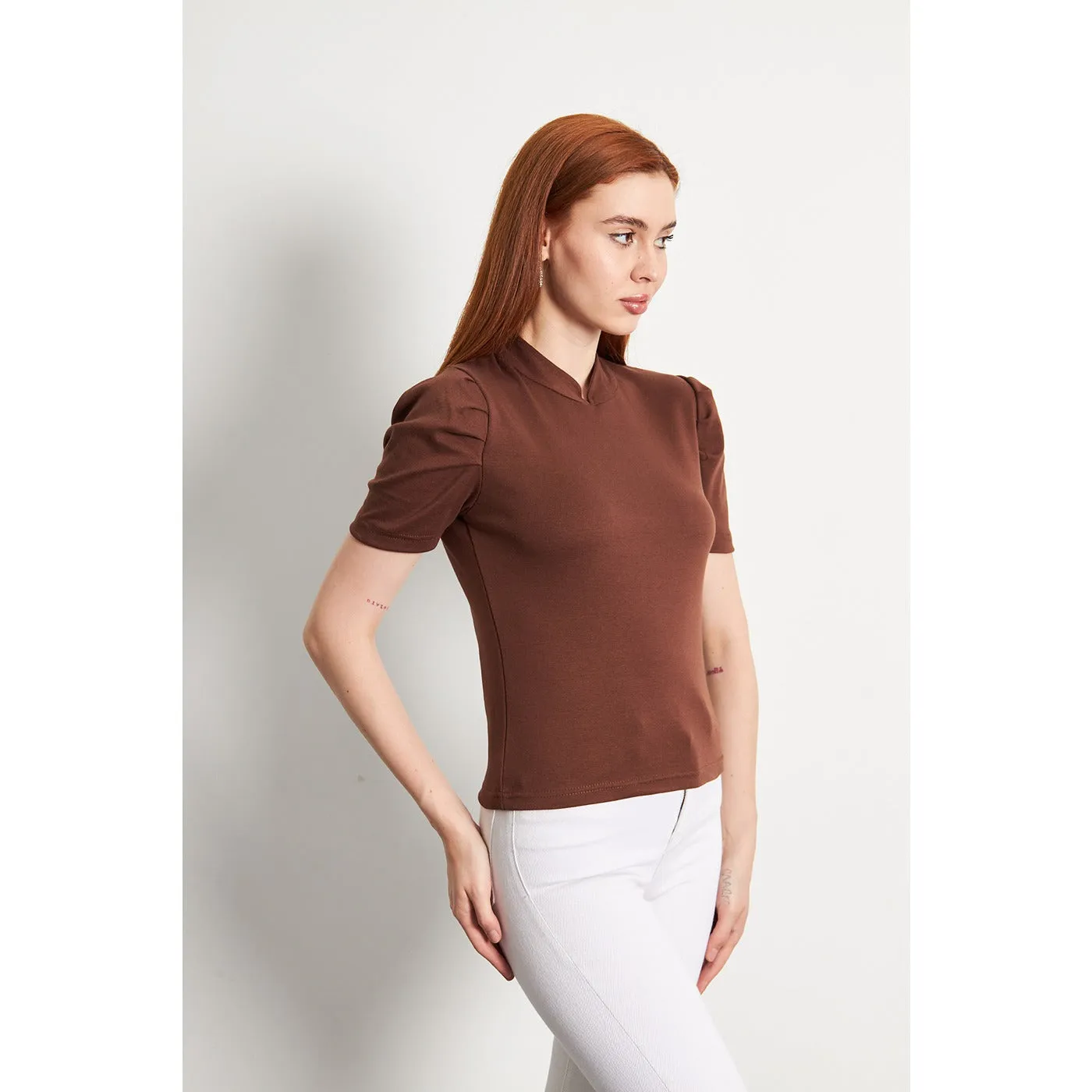 Brown Puff Sleeves Knit Top