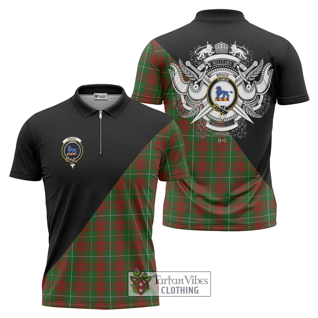 Bruce Hunting Tartan Zipper Polo Shirt with Family Crest and Military Logo Style