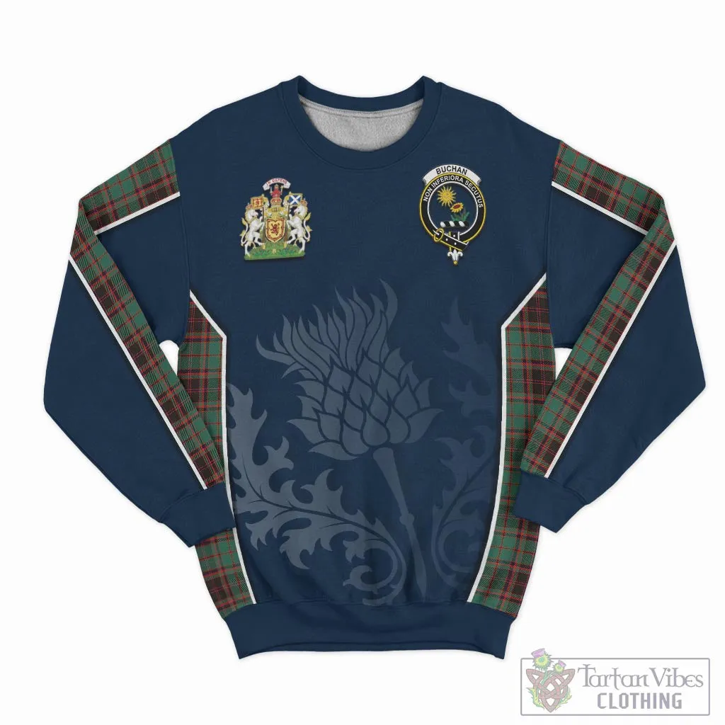 Buchan Ancient Tartan Sweatshirt with Family Crest and Scottish Thistle Vibes Sport Style