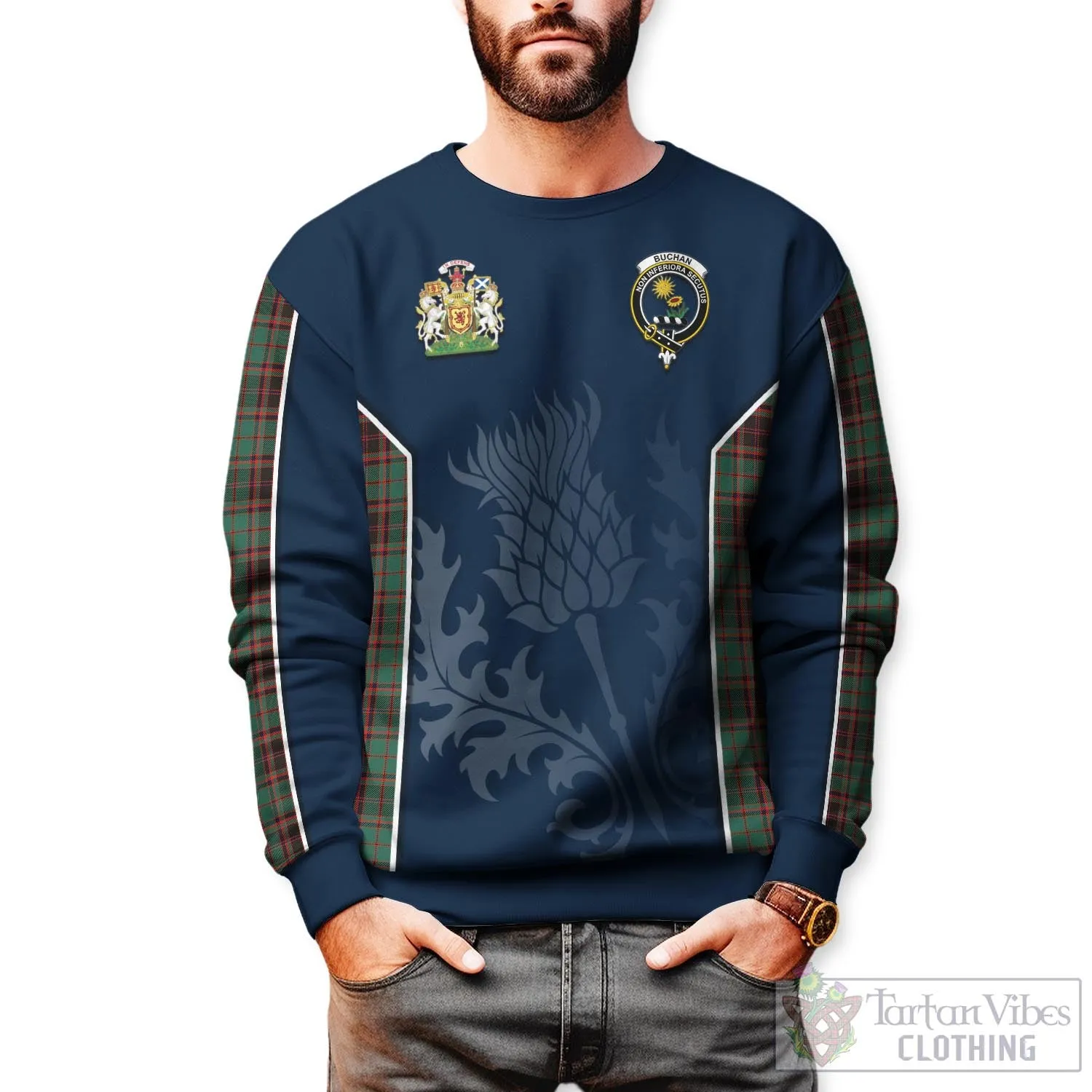 Buchan Ancient Tartan Sweatshirt with Family Crest and Scottish Thistle Vibes Sport Style