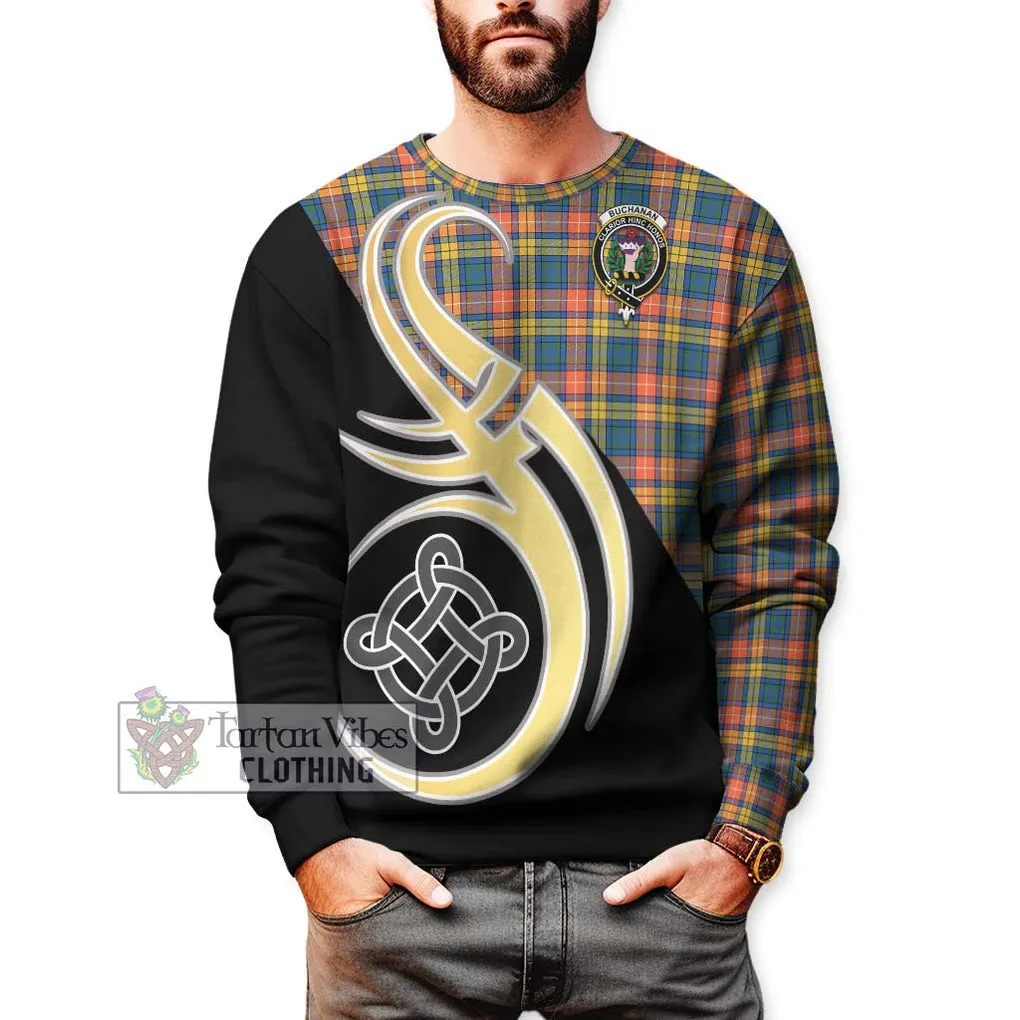 Buchanan Ancient Tartan Sweatshirt with Family Crest and Celtic Symbol Style