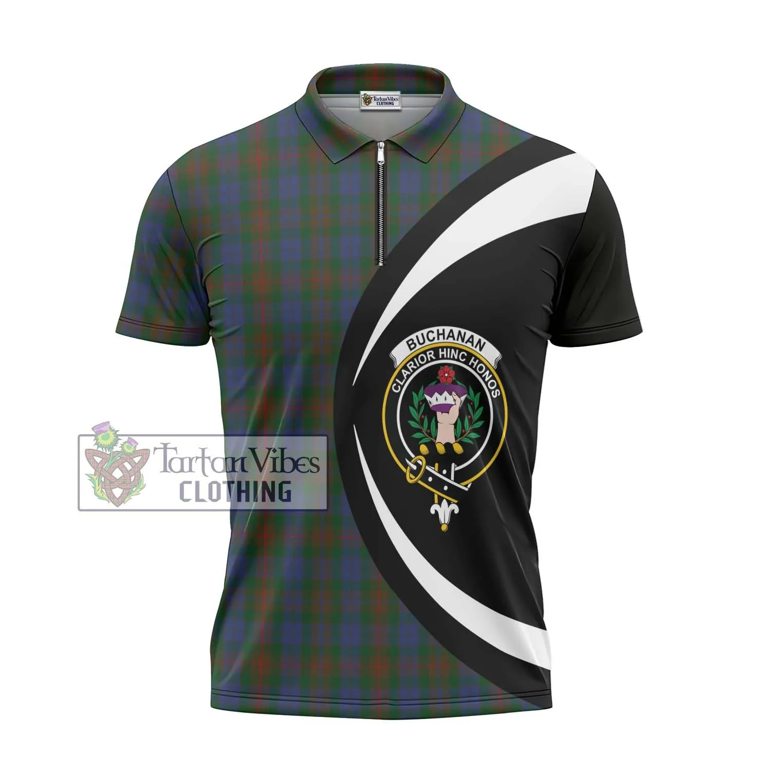 Buchanan Hunting Tartan Zipper Polo Shirt with Family Crest Circle Style