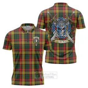 Buchanan Tartan Zipper Polo Shirt with Family Crest Celtic Skull Style