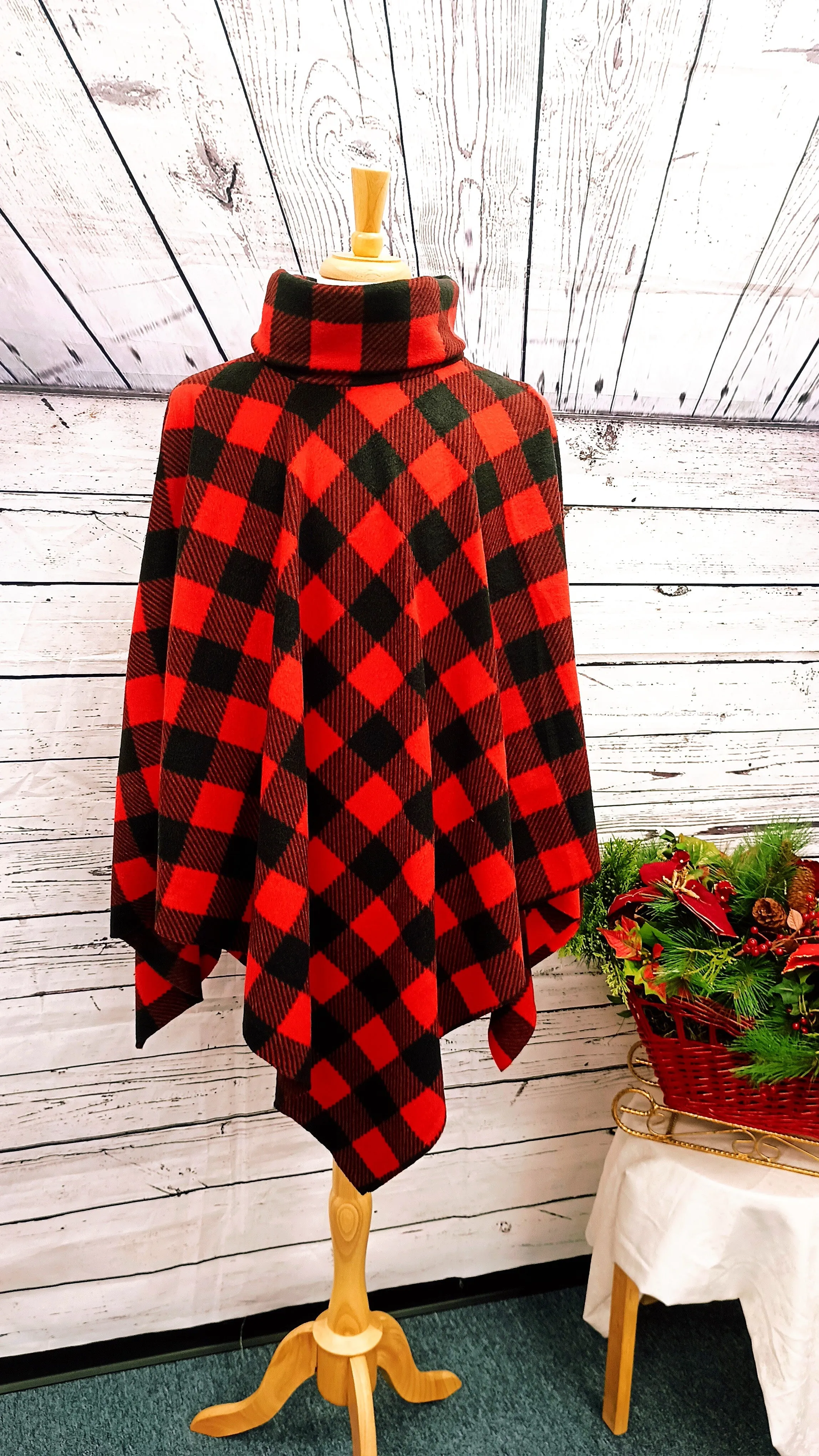 Buffalo Plaid Turtleneck Handmade Poncho