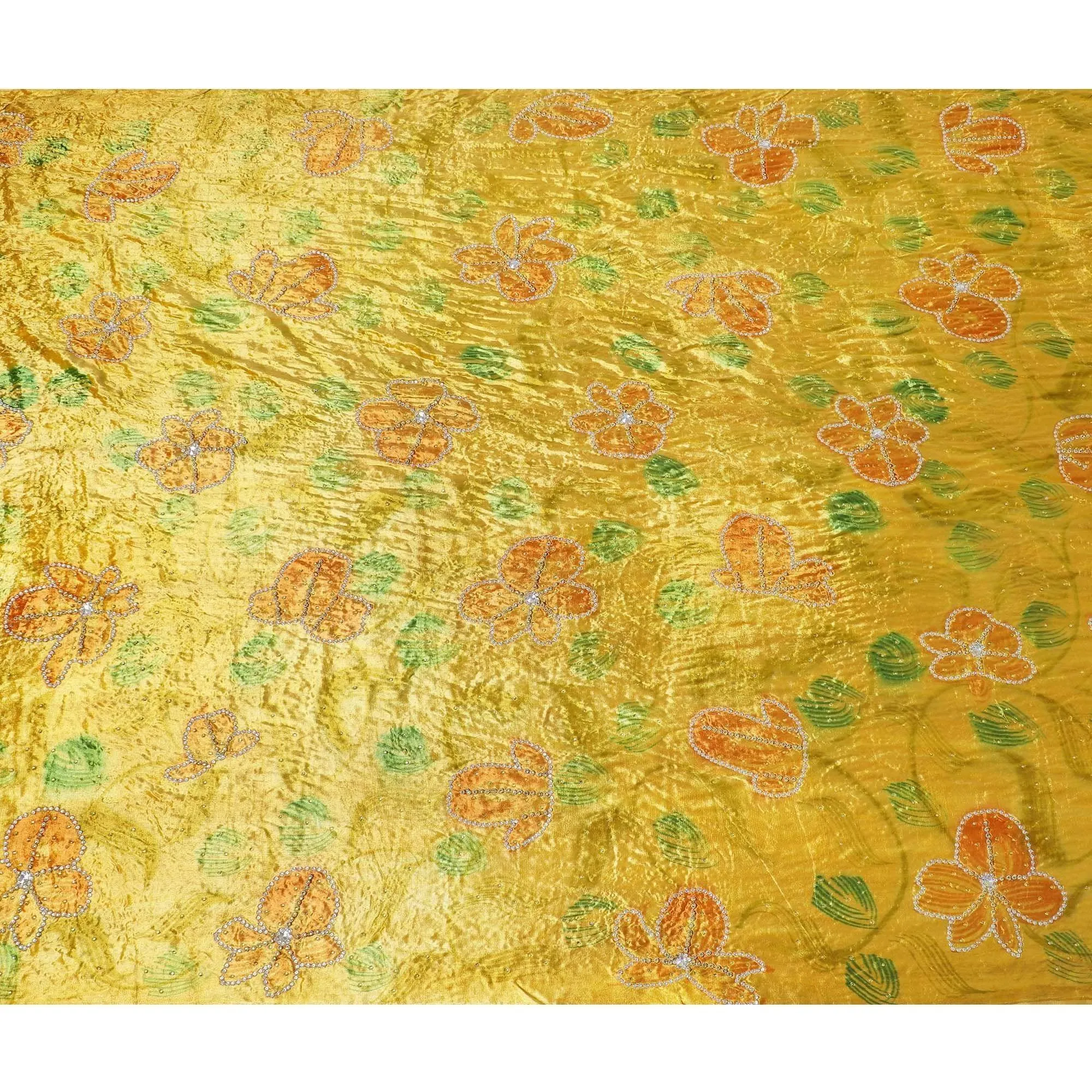 Bumblebee yellow Rayon velvet fabric with gold yellow and green print having yellow and white stone work in floral design