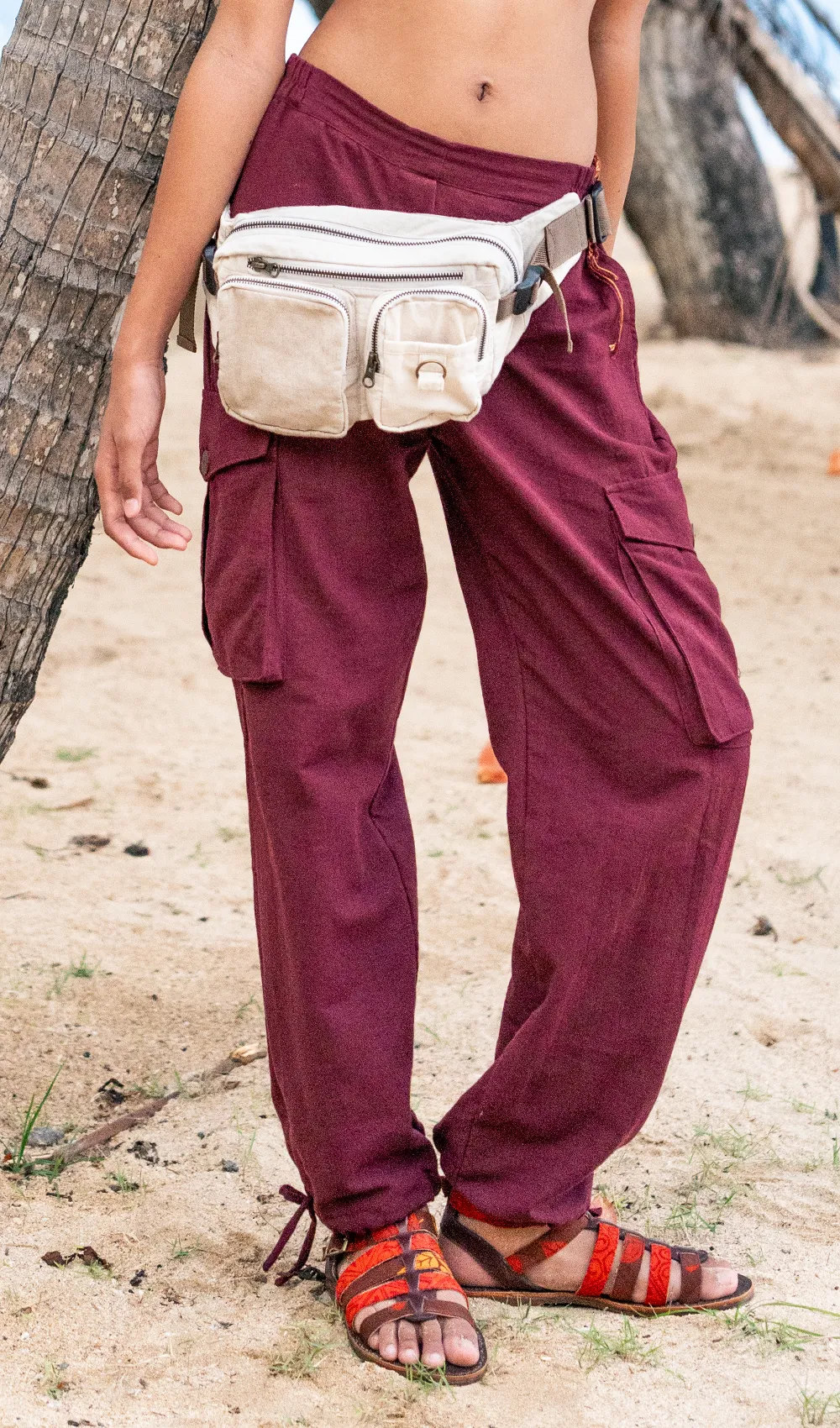 Burgundy Cotton Linen Cargo Pants, 3 sizes