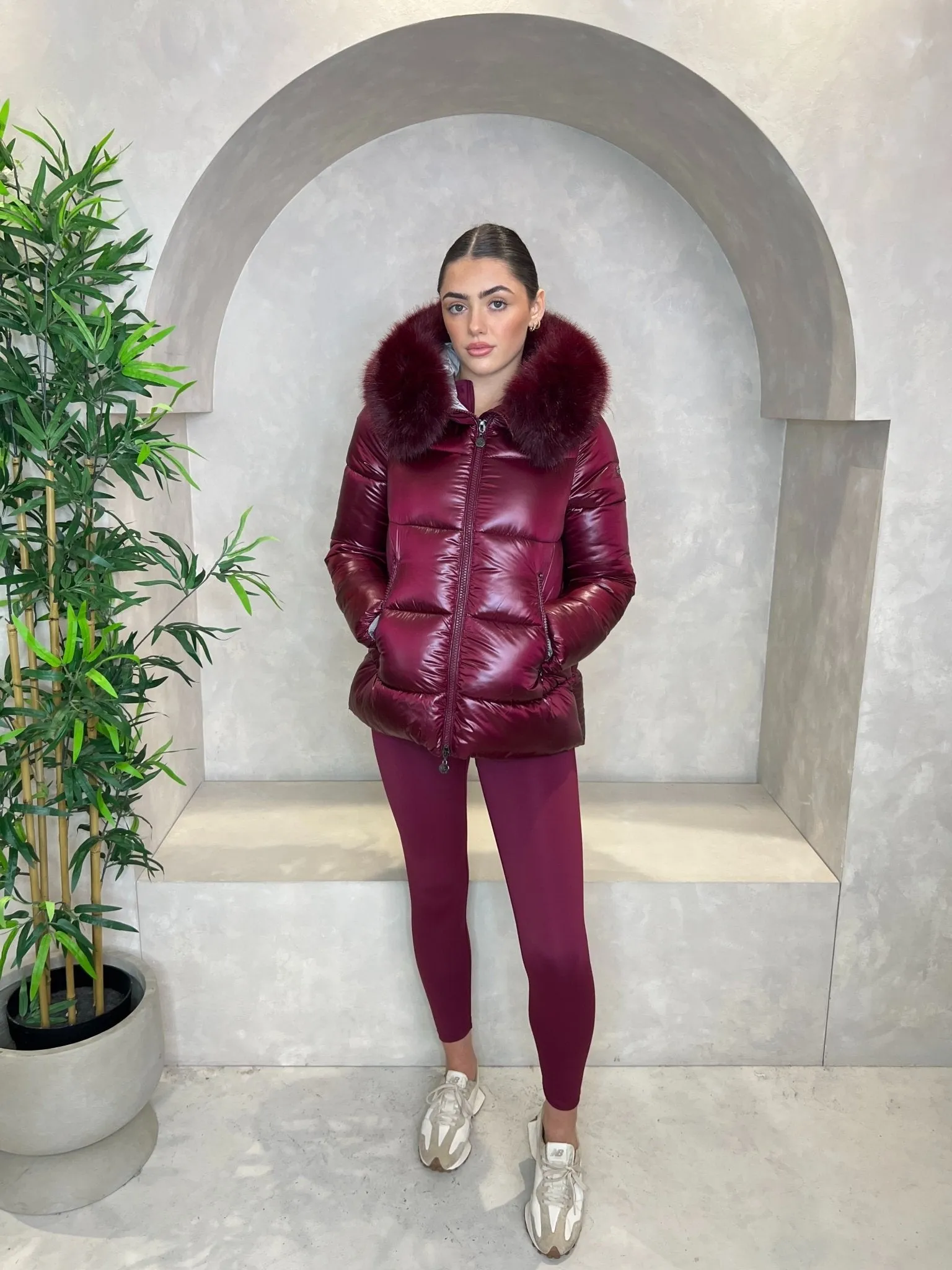 Burgundy Faux Fur Hood Puffer Jacket