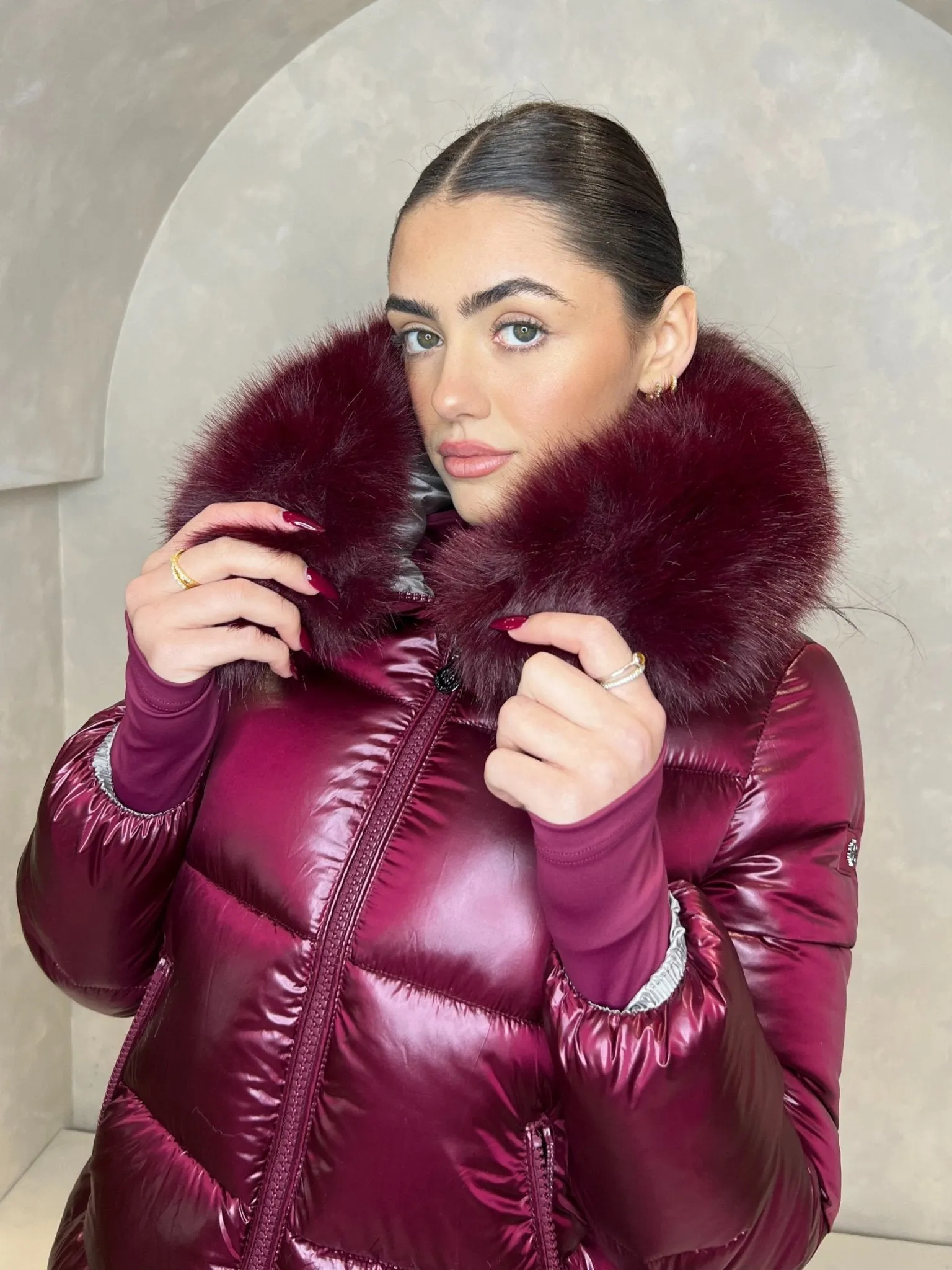 Burgundy Faux Fur Hood Puffer Jacket