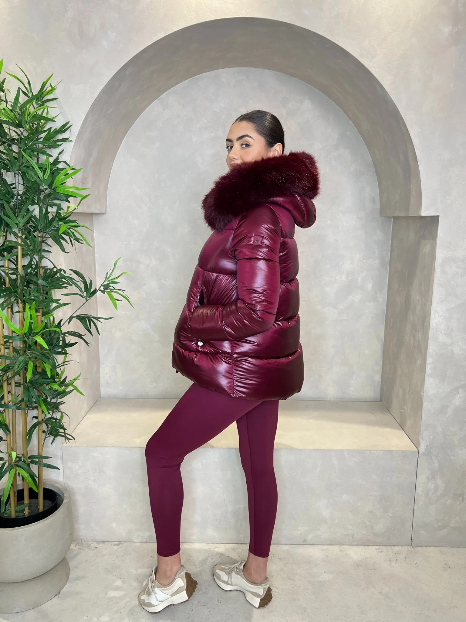 Burgundy Faux Fur Hood Puffer Jacket