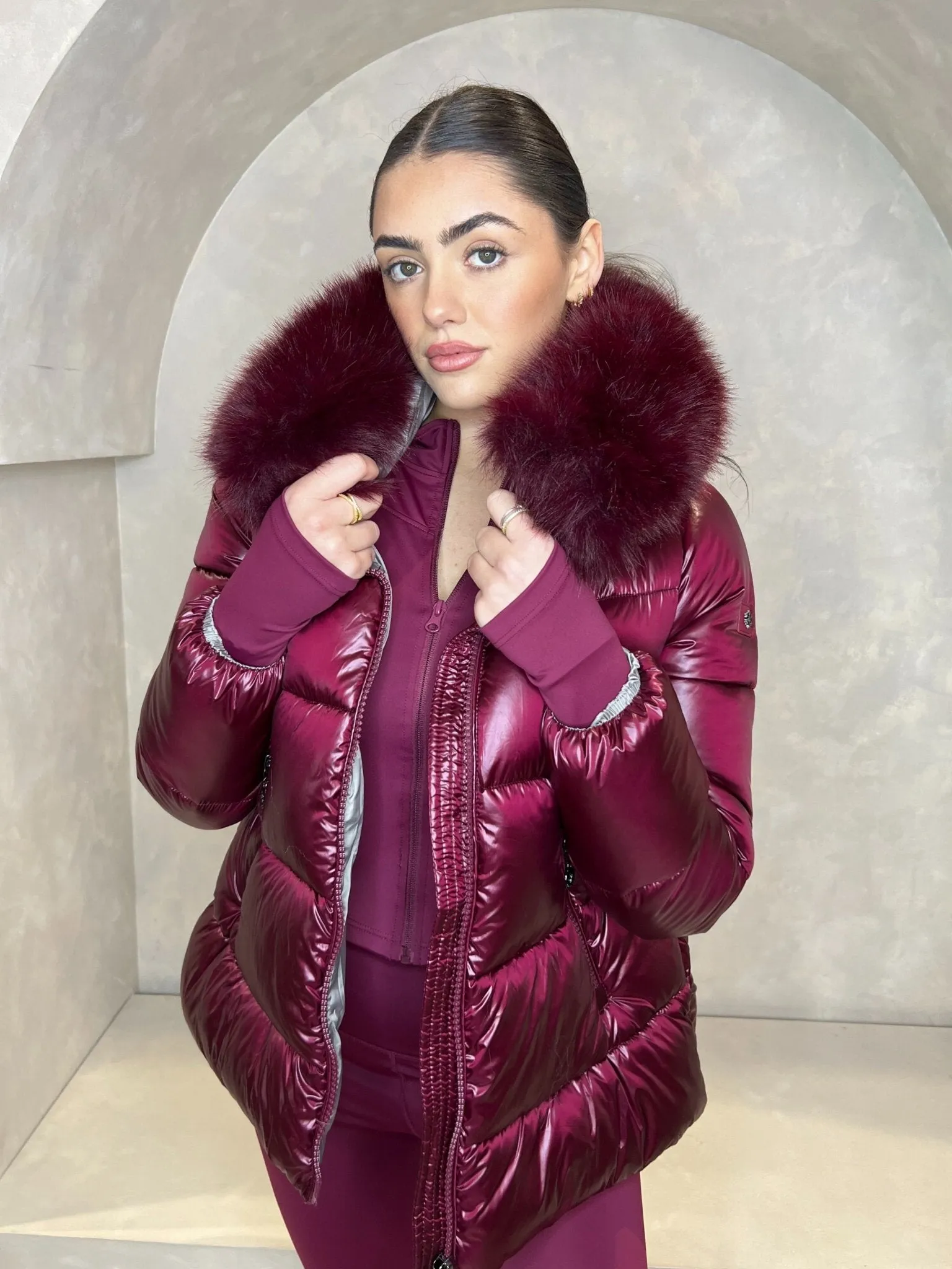 Burgundy Faux Fur Hood Puffer Jacket