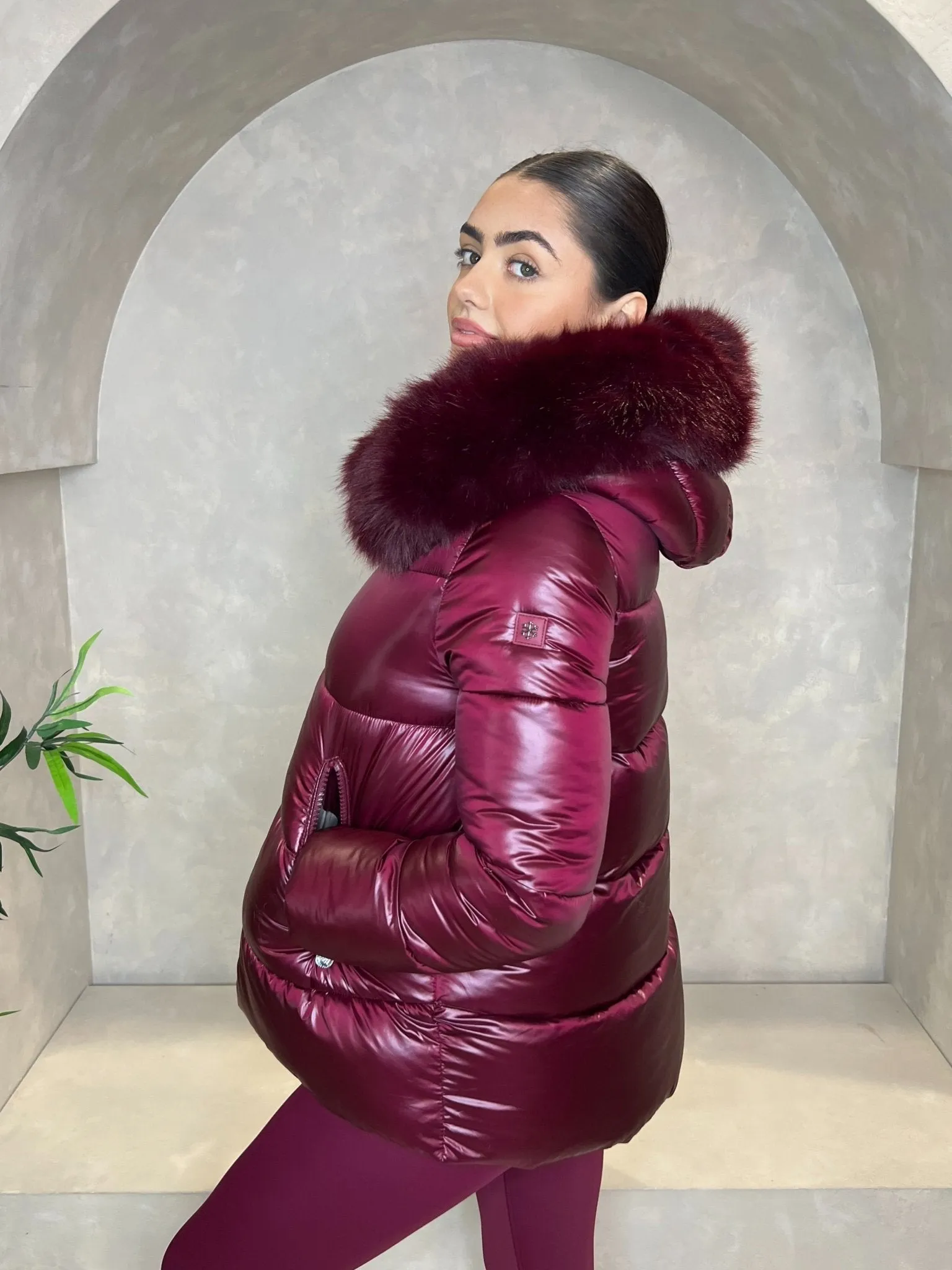 Burgundy Faux Fur Hood Puffer Jacket