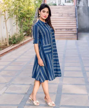 Button Down Indigo Block Printed Dress