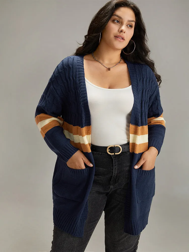 Cable Knit Colorblock Contrast Open Front Cardigan