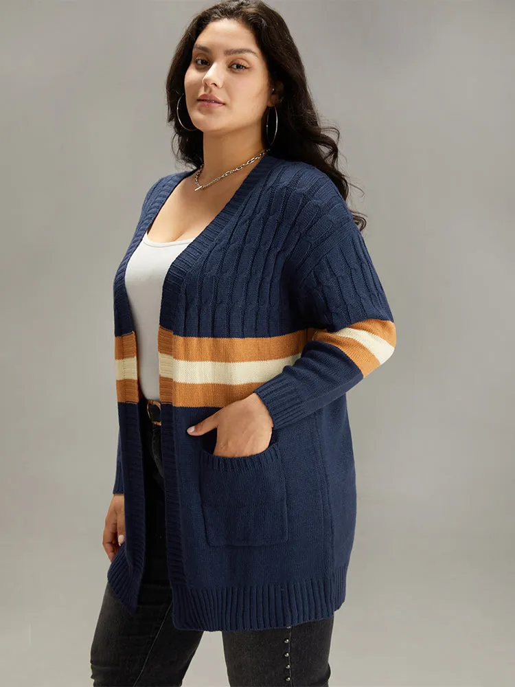 Cable Knit Colorblock Contrast Open Front Cardigan