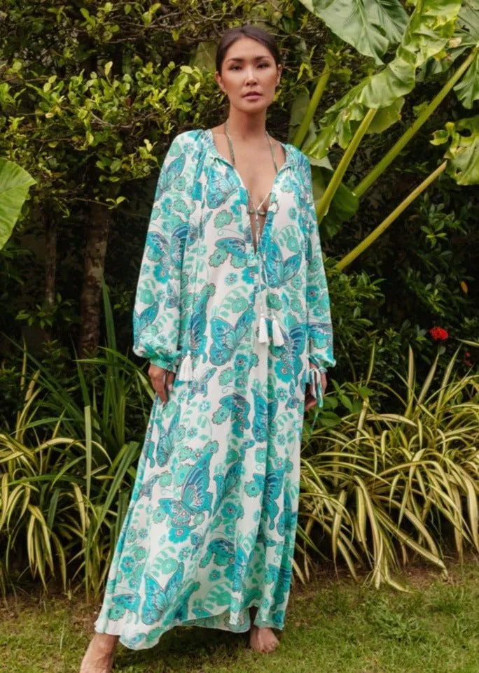 Calista Printed Crepe de Chine Silk Maxi Dress - Turquoise Butterfly