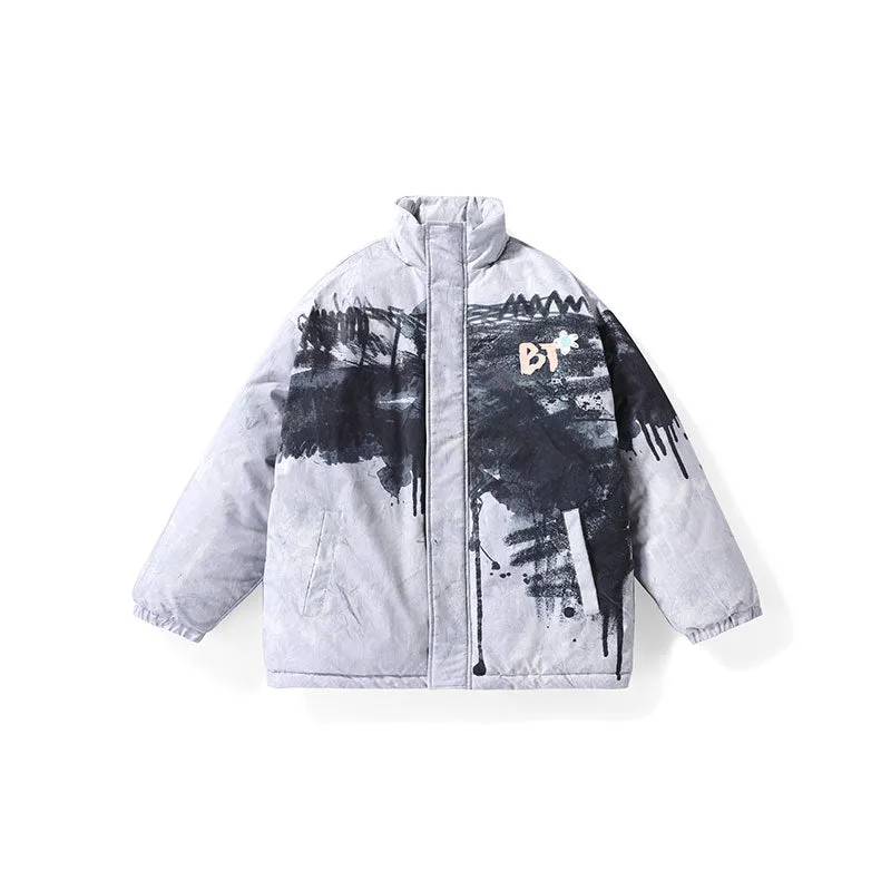 Canvas style graffiti brush print drop cuff zipper Velcro padded jacket