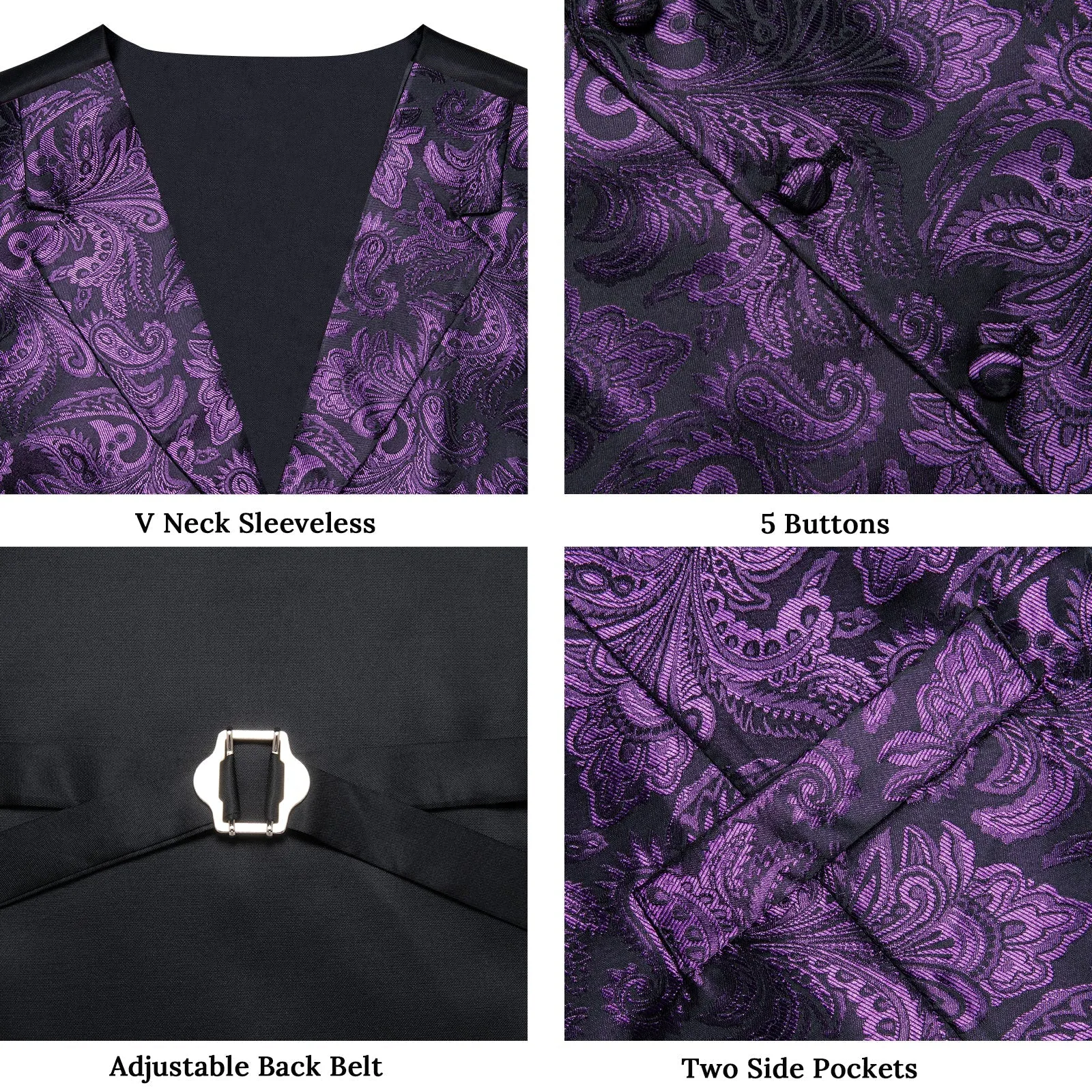 Classic Indigo Purple Luxury Paisley Jacquard Men's Collar Vest Tie Hanky Cufflinks Suit Set