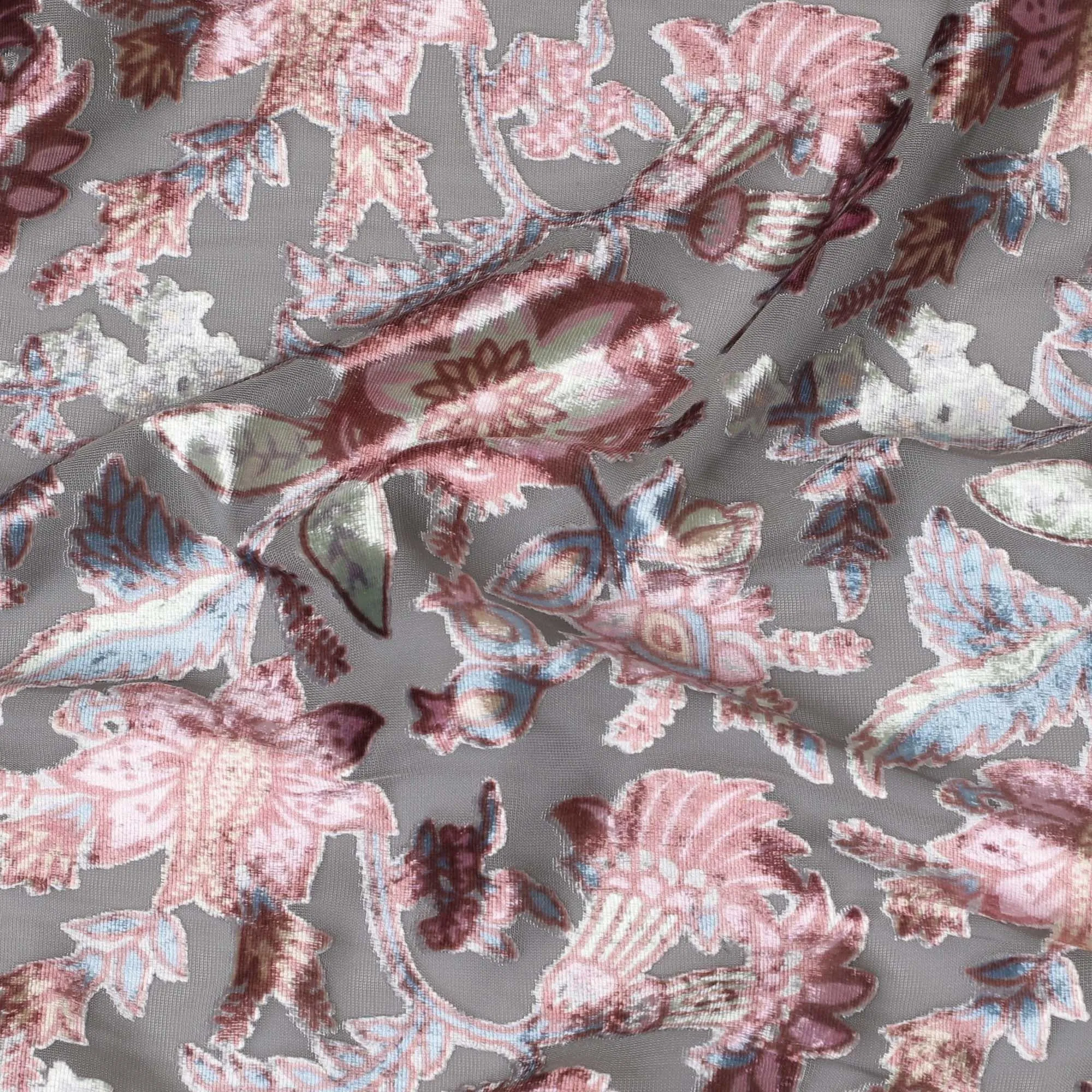 Cloud grey synthetic chiffon fabric with multicolor velvet burnout print in floral design-D14163