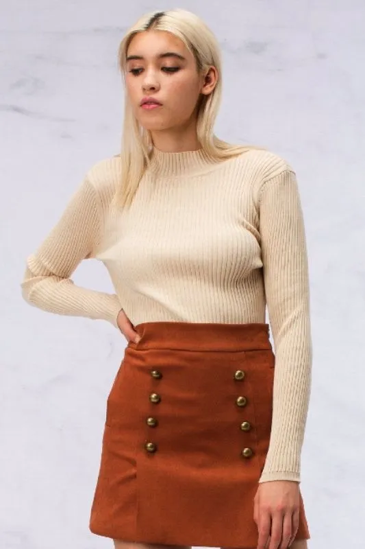 Cognac Gold Button Faux Suede Mini Skirt