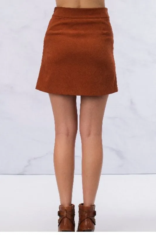 Cognac Gold Button Faux Suede Mini Skirt