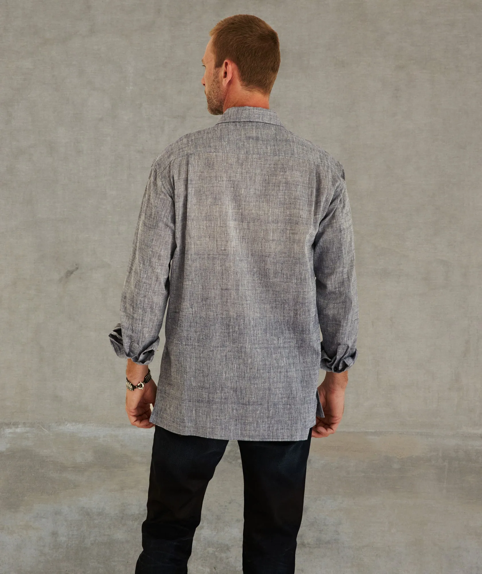 Convertible Collar Khadi Indigo Textured Slub Long-Sleeve Shirt