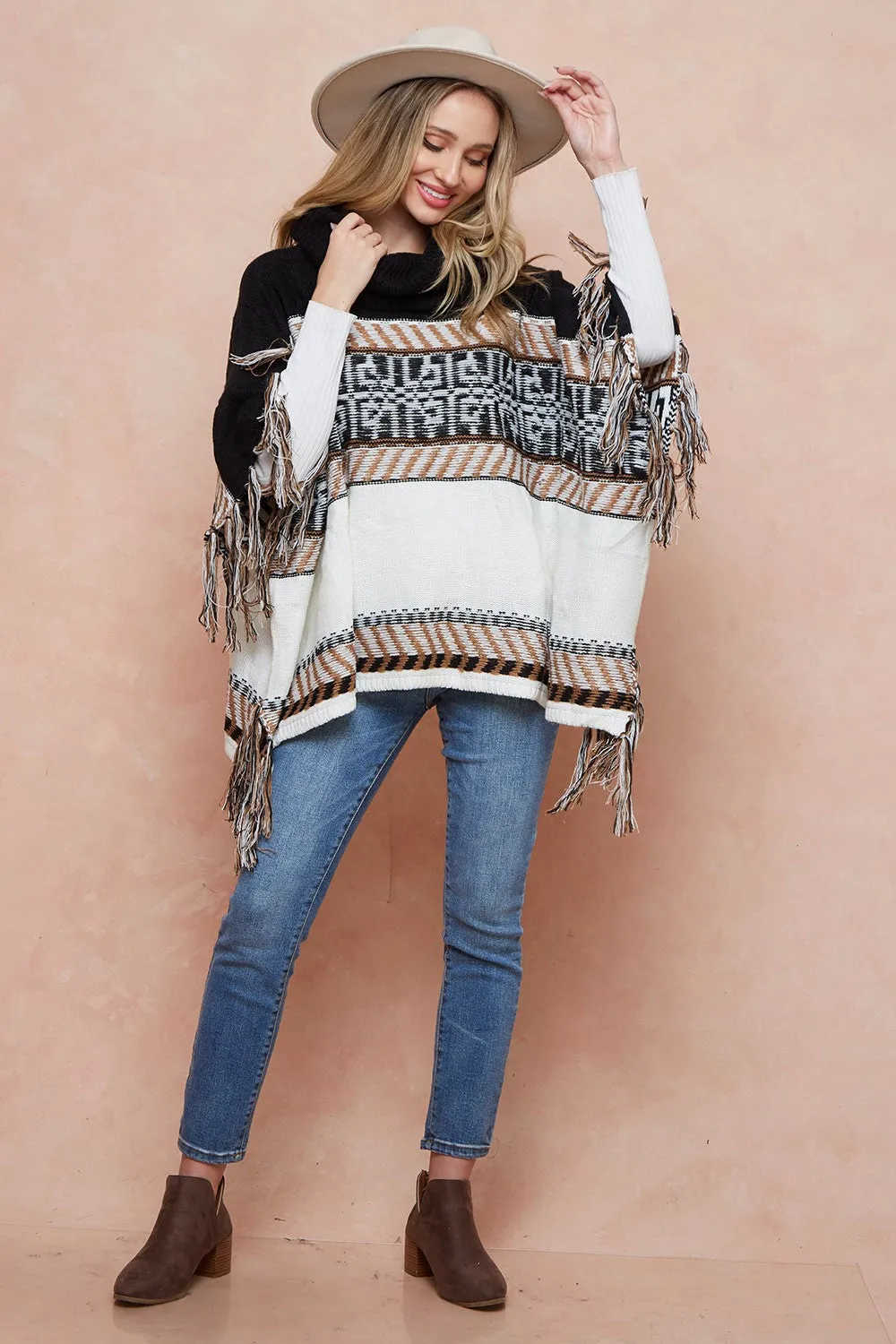 Cowl Neck Isle Batwing Poncho Sweater with Fringe