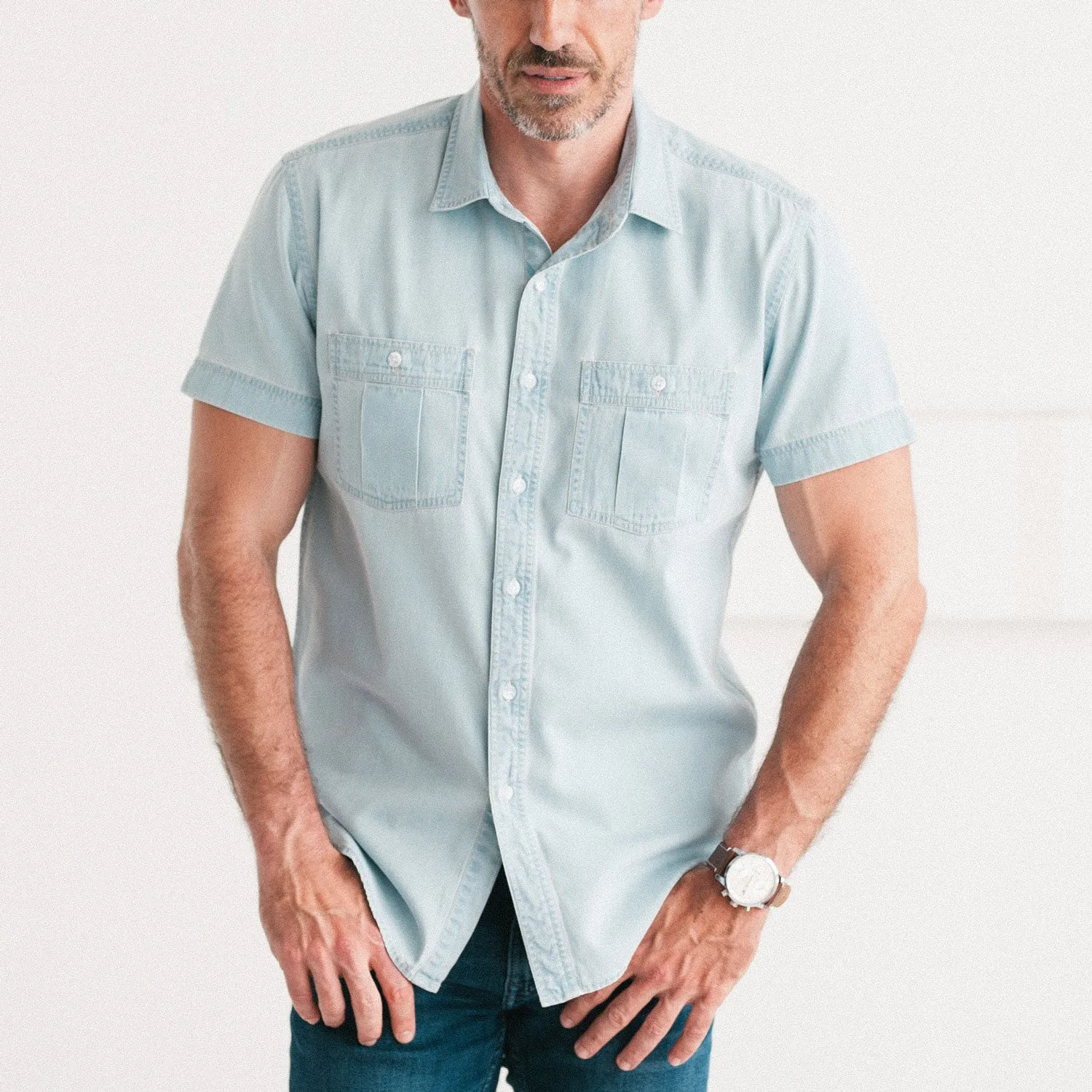 Craftsman Short Sleeve Utility Shirt – Light Blue Cotton Denim