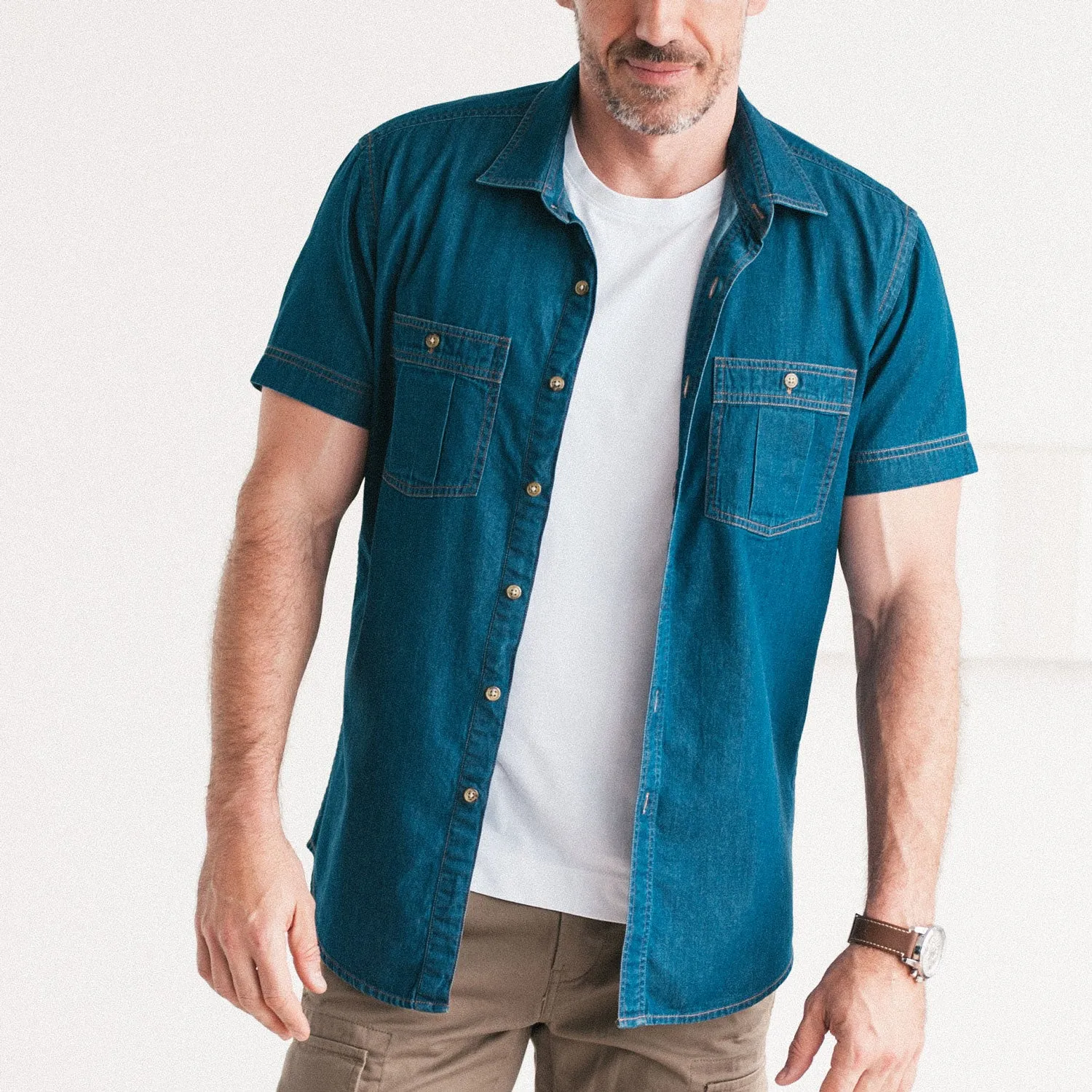 Craftsman Short Sleeve Utility Shirt – Medium Washed Indigo Cotton Denim