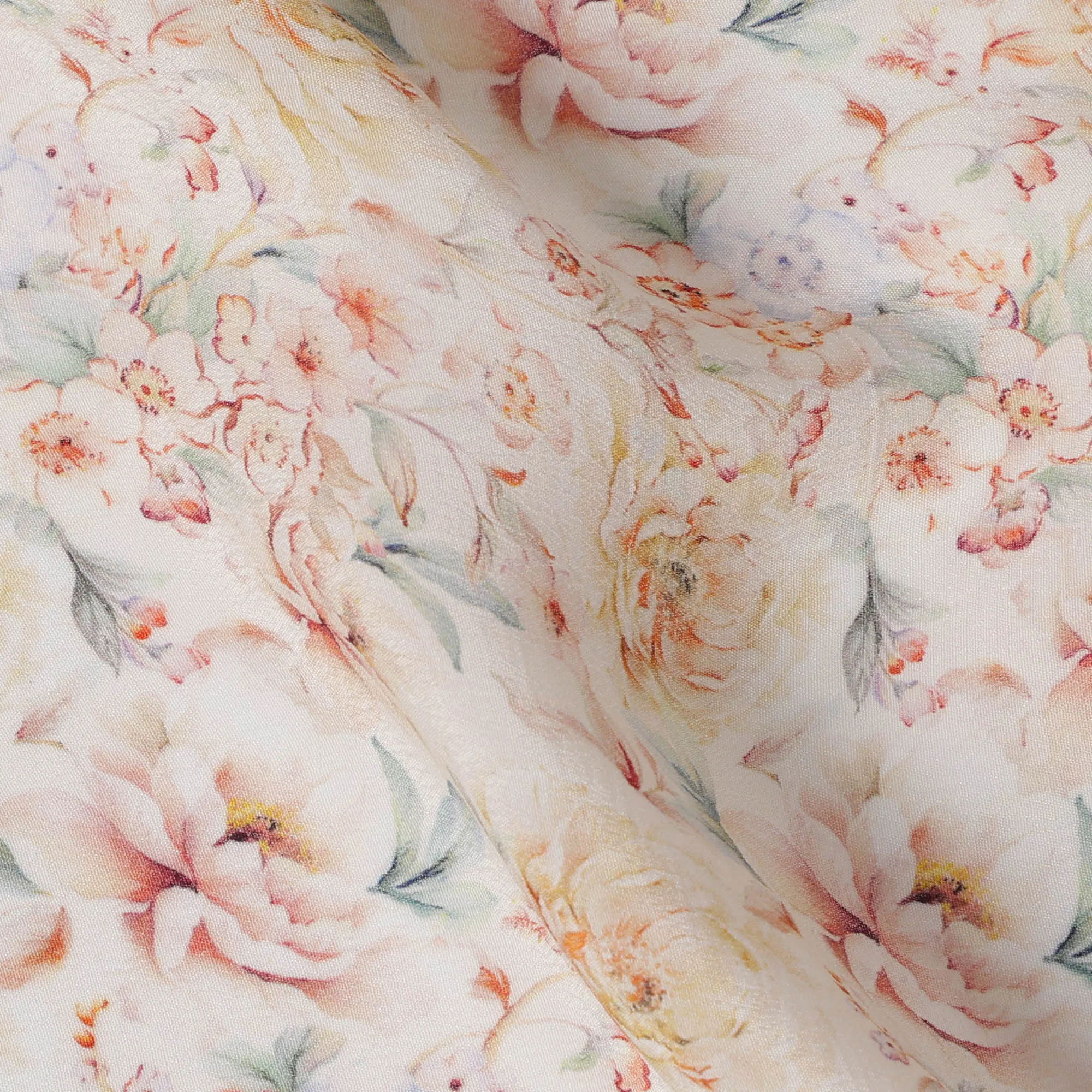 Cream Viscose Digital Printed Fabric with Soft Floral Design, 110 cm Width-D21320