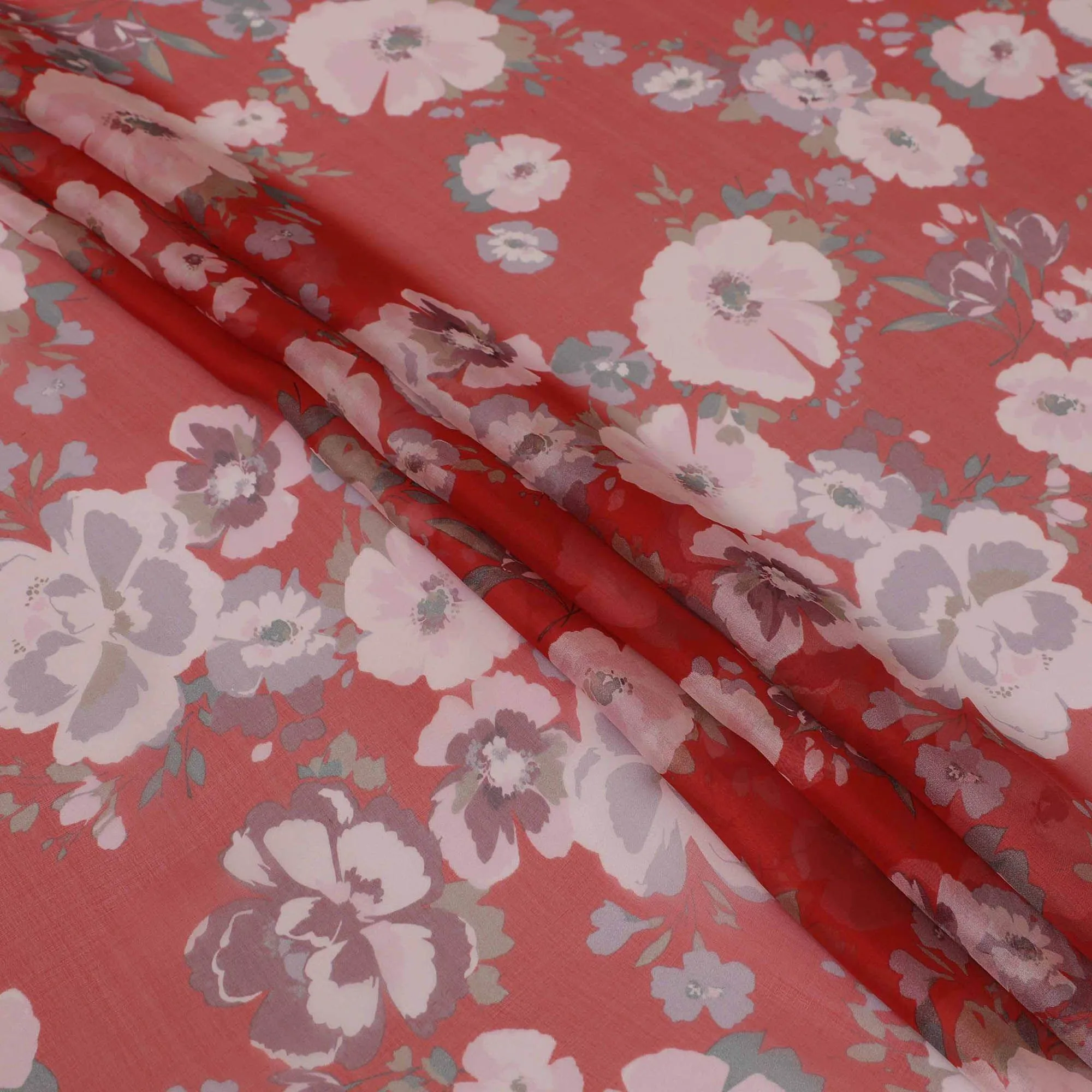 Crimson red premium pure silk chiffon fabric with multicolor print in floral design-D13228